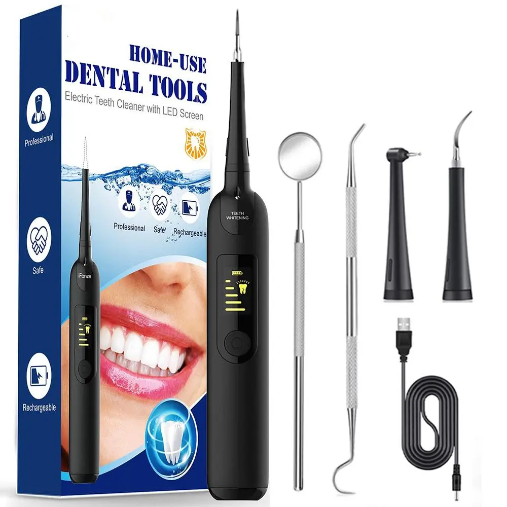 multifunctional electric dental cleaner, portable ultrasonic tooth cleaner with LED light, 5 adjustable intensity levels, dental calculus remover, Teeth cleaning tool, rechargeable tooth cleaning kit, holiday gift suitable for friends and family