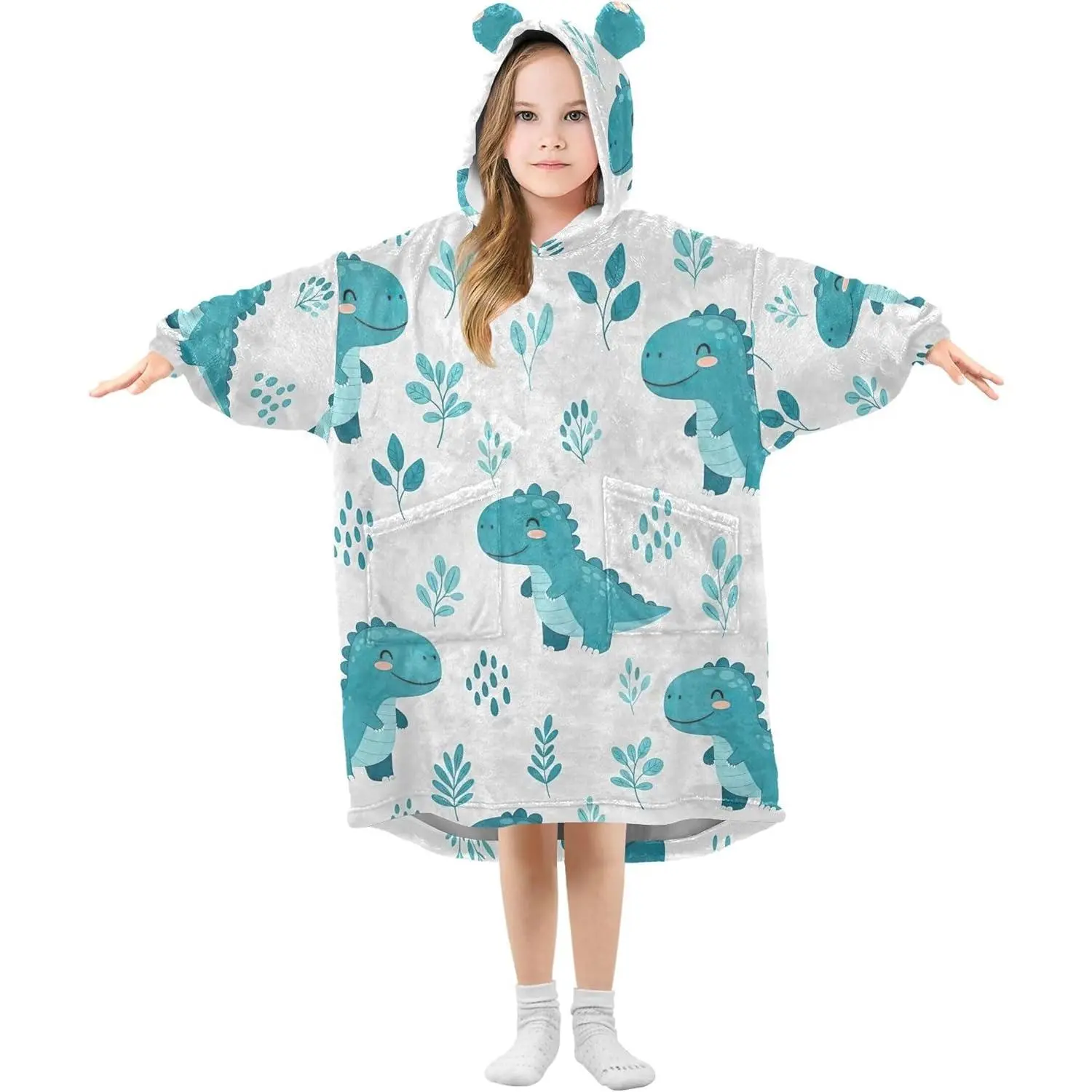 Wearable Blanket for Kids Teen Girls Comfy Fleece Boys Hoodie Oversized Sweatshirts Cute Cartoon Blue Dinosaur
