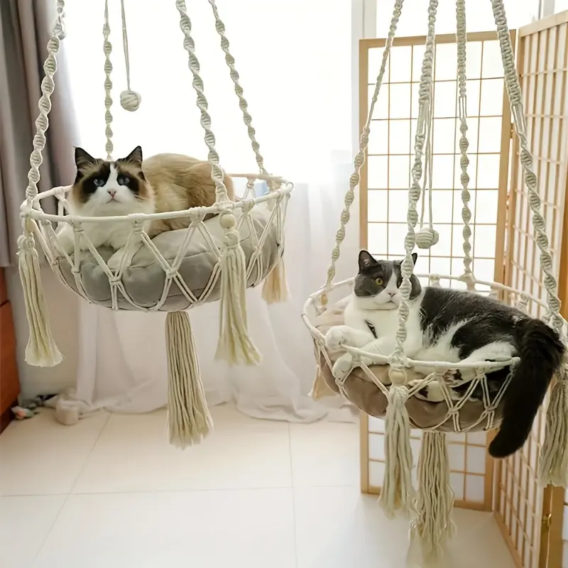 1-Piece Large Handwoven Cotton Rope Cat Hammock – Pet Swing Bed, Indoor Cat Basket, Comfortable Rest Space for 2 Cats & Kittens, Strong Load Capacity for Cats up to 30 lbs, Durable & Sturdy, 40/30cm Diameter