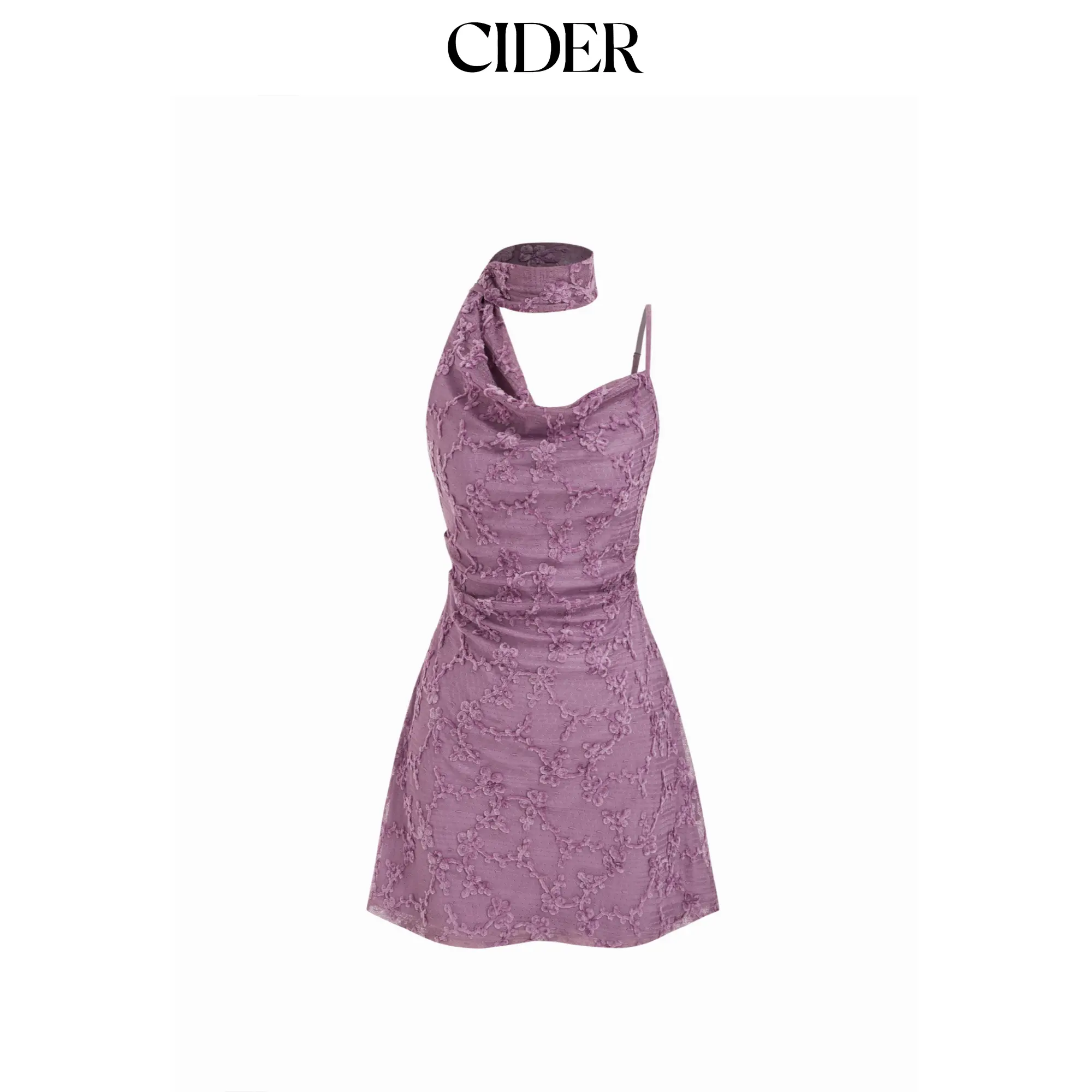 Cider Jacquard Mesh Asymmetrical Neck Ruched Mini Dress With Scarf SohoChic