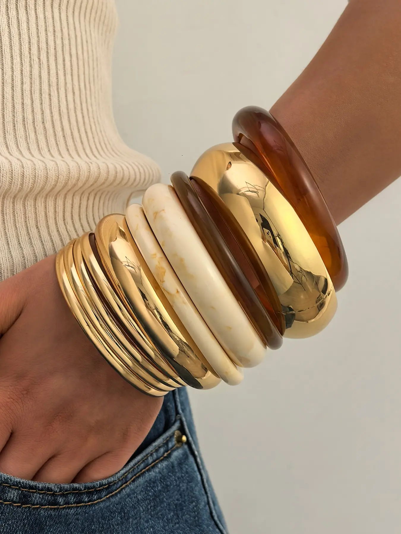 10-Piece Boho Style Bracelet Set, Resin Abs Metal Wide Band, Plain Design, All Seasons, Perfect for Daily Wear, Gifts for Friends and Family