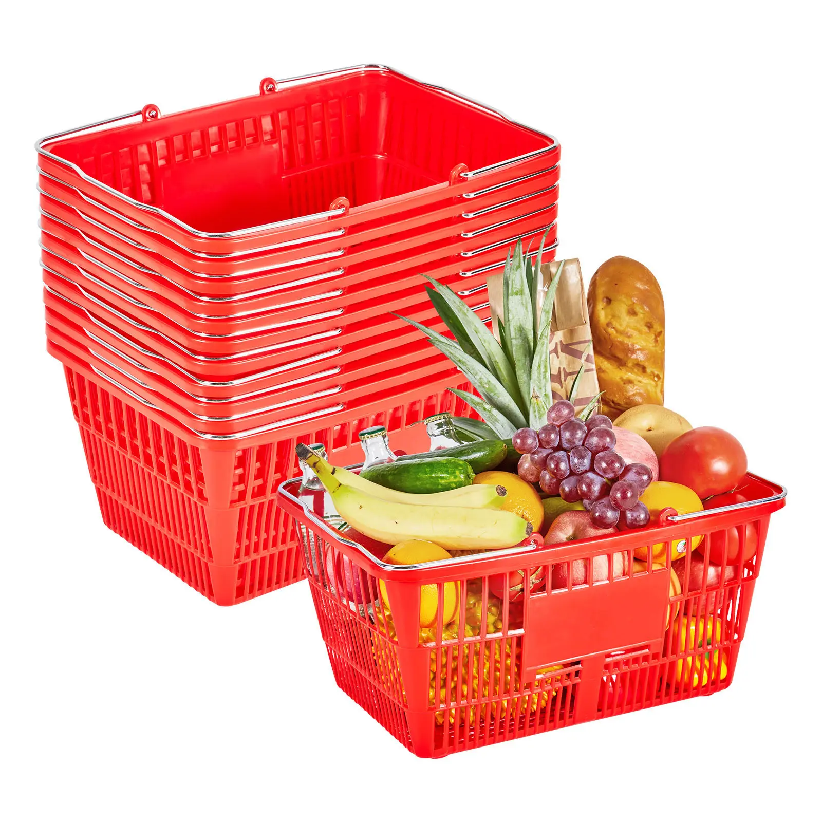 Shopping Baskets, 12 PCS, 21L Stackable PE Plastic Grocery Baskets with Metal Handles, Dense Mesh Structure, Holds up to 20 lbs, Portable for Grocery, Retail, Stores, Supermarket, Home Use