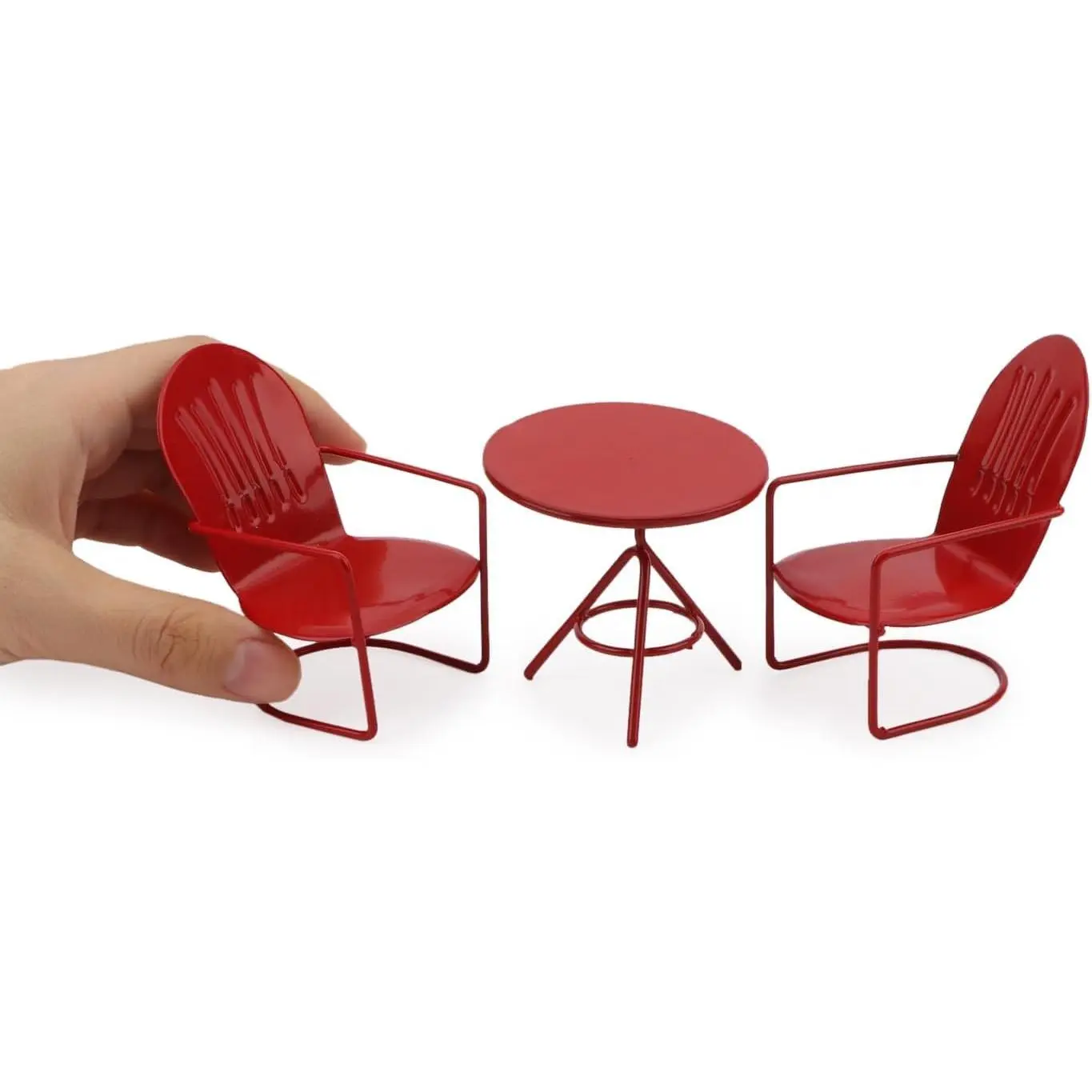 Dollhouse Miniature Bistro Table & Chairs Set 3PCS Accessories Metal 1:12 Scale Miniatures Furniture Fairy Garden Cute Rustic Elegant Decorations Ornaments (Red)
