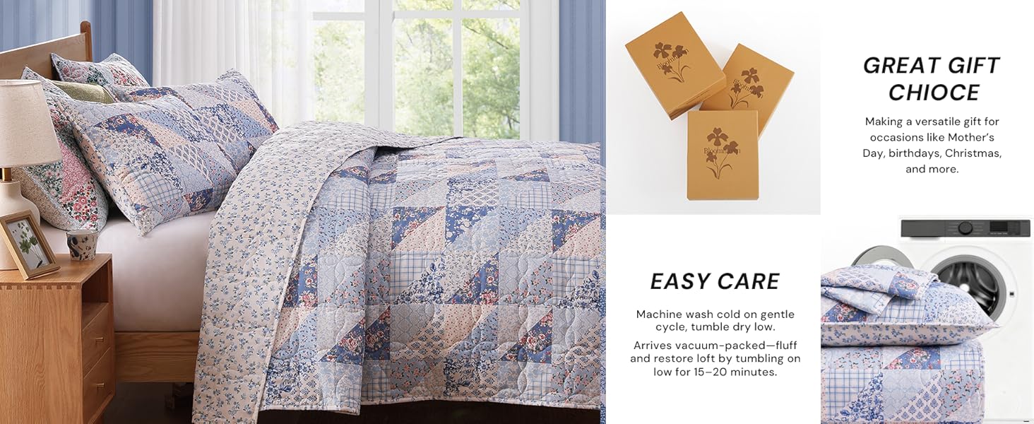 Set Queen Size, Patchwork Blue Pink Marigold Floral Sets, Reversible Bedspread Lightweight and Breathable for All, Soft Quilted Bedspread with 2 Pillow Shams