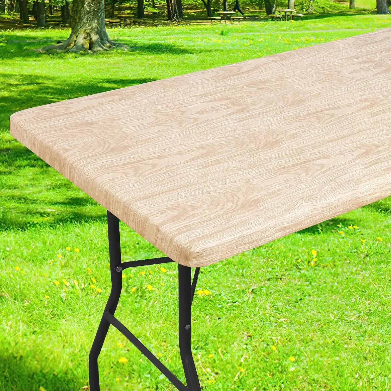 Rectangle Table Cloth Cover, Waterproof Elastic Fitted Picnic Tablecloth for 6 Foot Tables, Wipeable Flannel Backed Vinyl Tablecloths for Camping, Dining, Outdoor (Beige Wood, 42" x 72")
