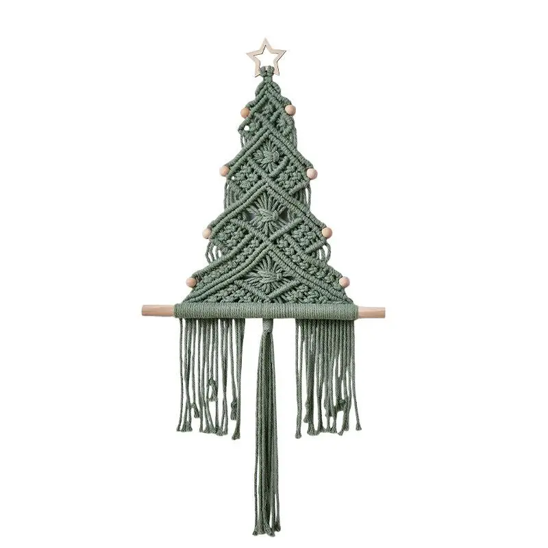 Boho Macrame Christmas Tree Ornaments, Hand Woven Cotton Rope Xmas Tree Hanging Decor with Wooden Star Top, Wood Beads and Tassels, Rustic Farmhouse Christmas Decor for Christmas Tree, Wall, Window, Holiday Party Home Decoration, Festive Decor