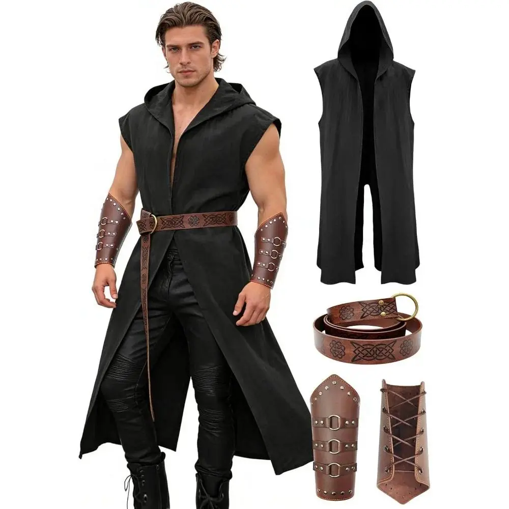 Verceco Men’s Renaissance Costume Set – Medieval/Renaissance Costume for Men with Hooded Surcoat Leather Belt & Bracers