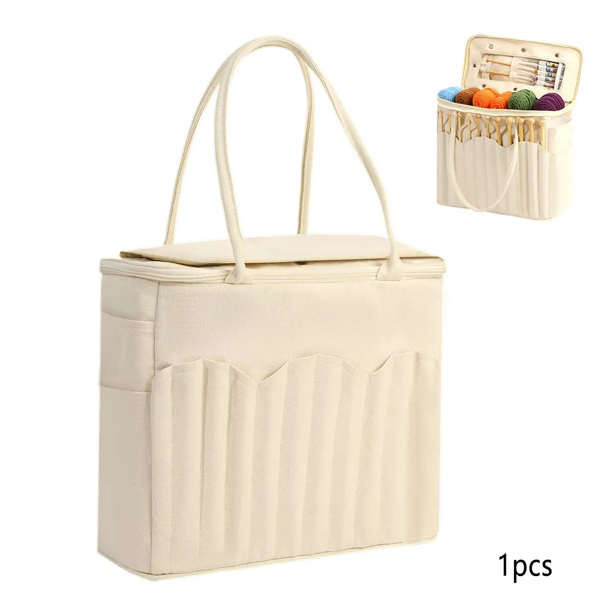 White Canvas Yarn Storage Bag, Portable Knitting & Crochet Tote Organizer, Multifunctional Craft Storage Pouch for Yarn Balls, Hooks and Needles