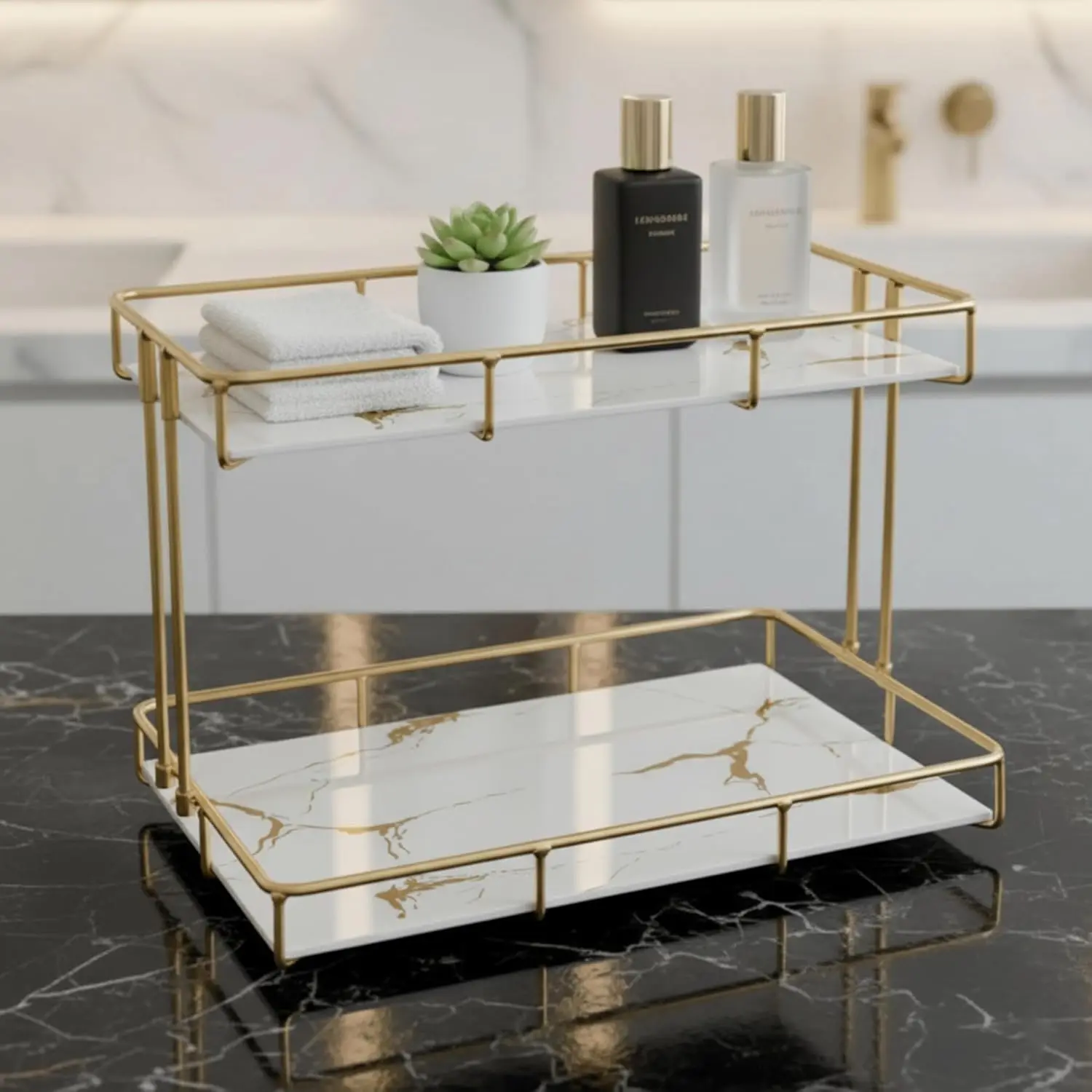 2-Tier White Marble Bathroom Countertop Organizer – Glass Shelves &  Metal Frame, Elegant  Storage Shelf for Perfume, Skincare, Makeup & Toiletries