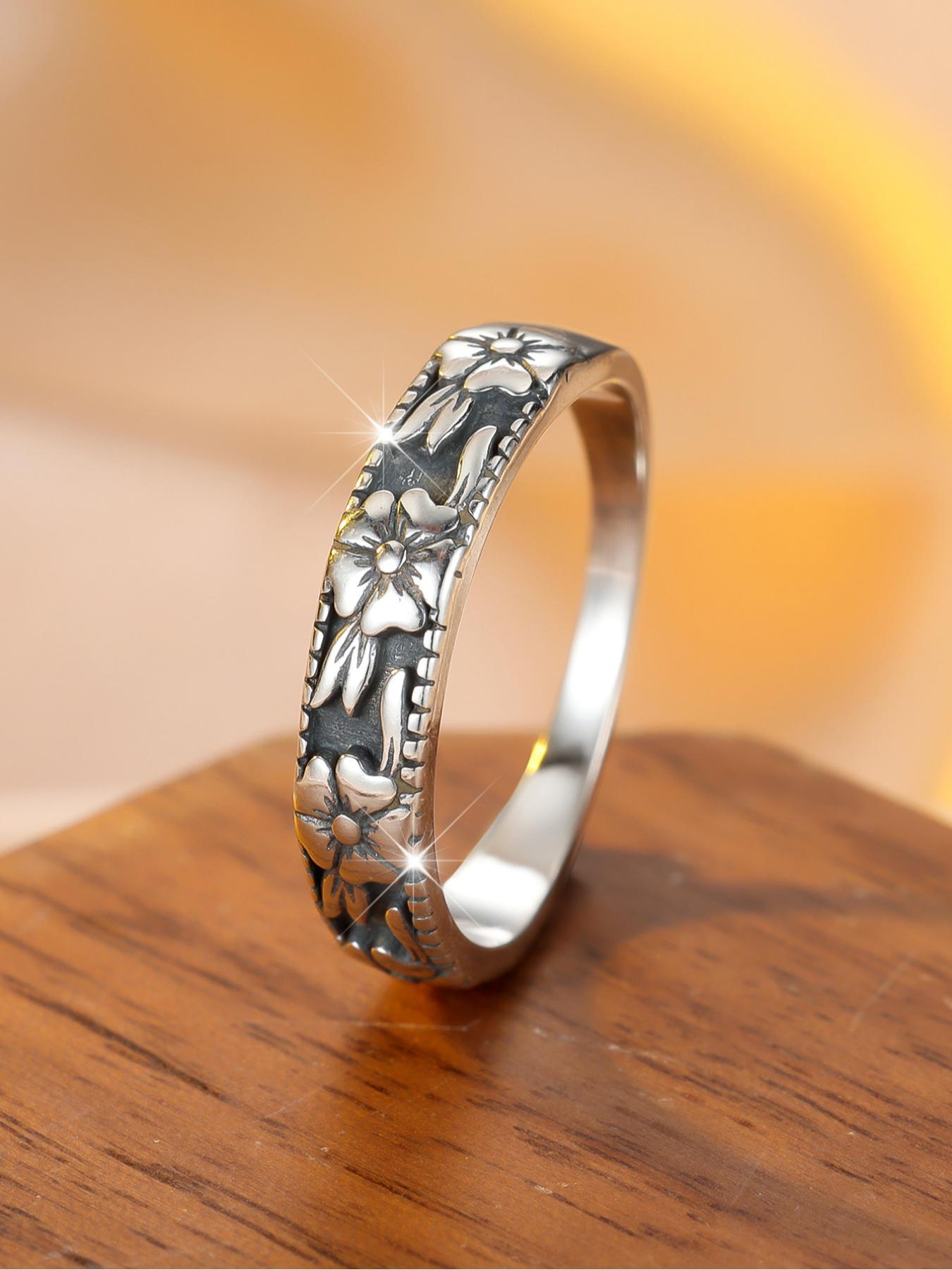 S925 Sterling Silver High Purity Material Vintage Flower Embossed Unique Embossing Ring, Unique Rings, Fashion Accessories for Women & Girls, Trendy All-match & Exquisite Jewelry for Birthday Gift