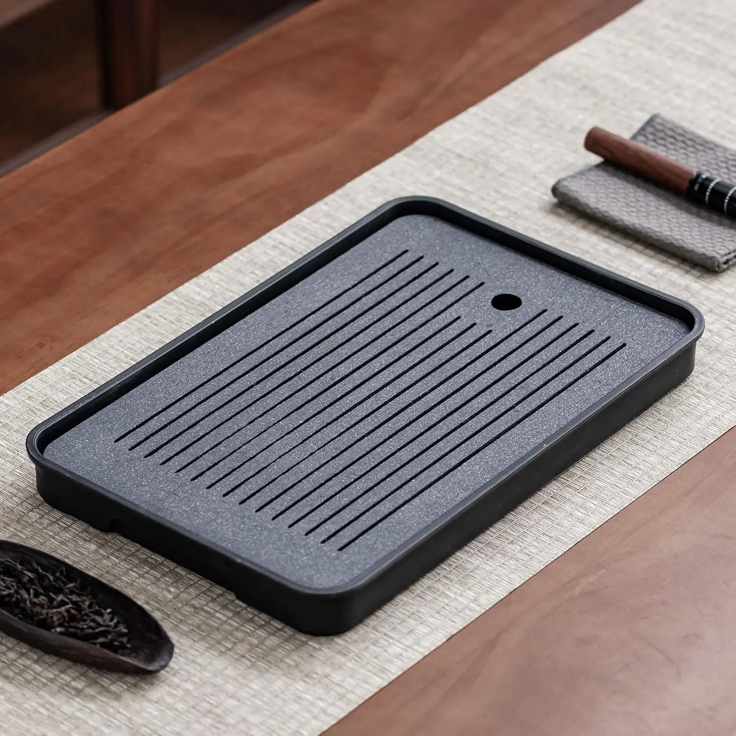 Zurucily Tea Tray, Kungfu Tea Serving Tray Tea Table Set with Water Storage Drainage (Black)