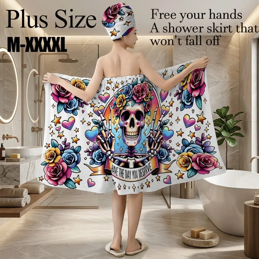 2pcs Retro Skull Rose Print Bath Skirt Set, Adjustable Strong Absorbent Towel, Women's Multifunctional Bath Robe, M-XXXXL, Suitable for Halloween, Punk-Themed Parties, and Daily Bathroom Use