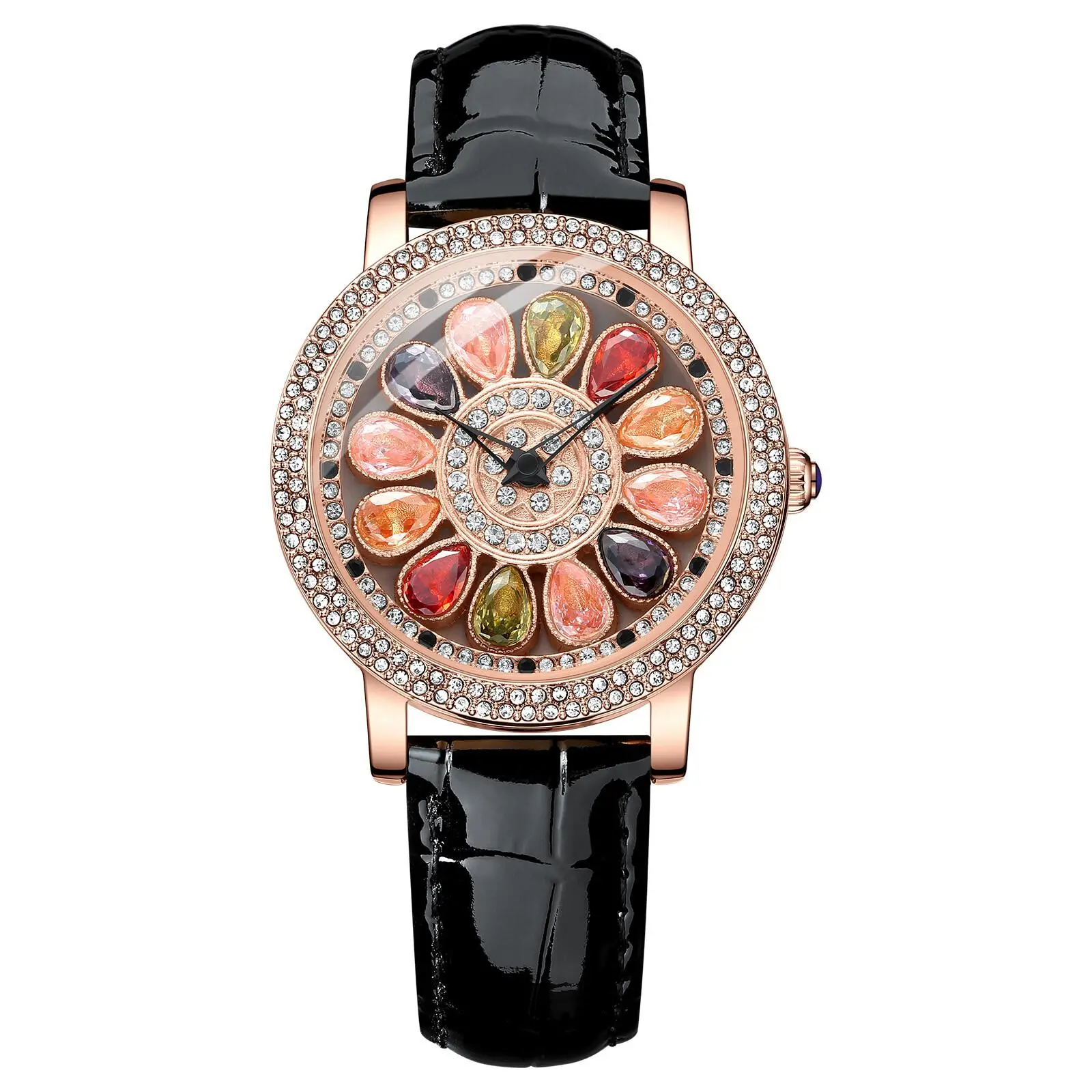 Women's Luxury Genuine Leather Full Rhinestone Quartz Wrist Watch Rotatable Crystal Dial