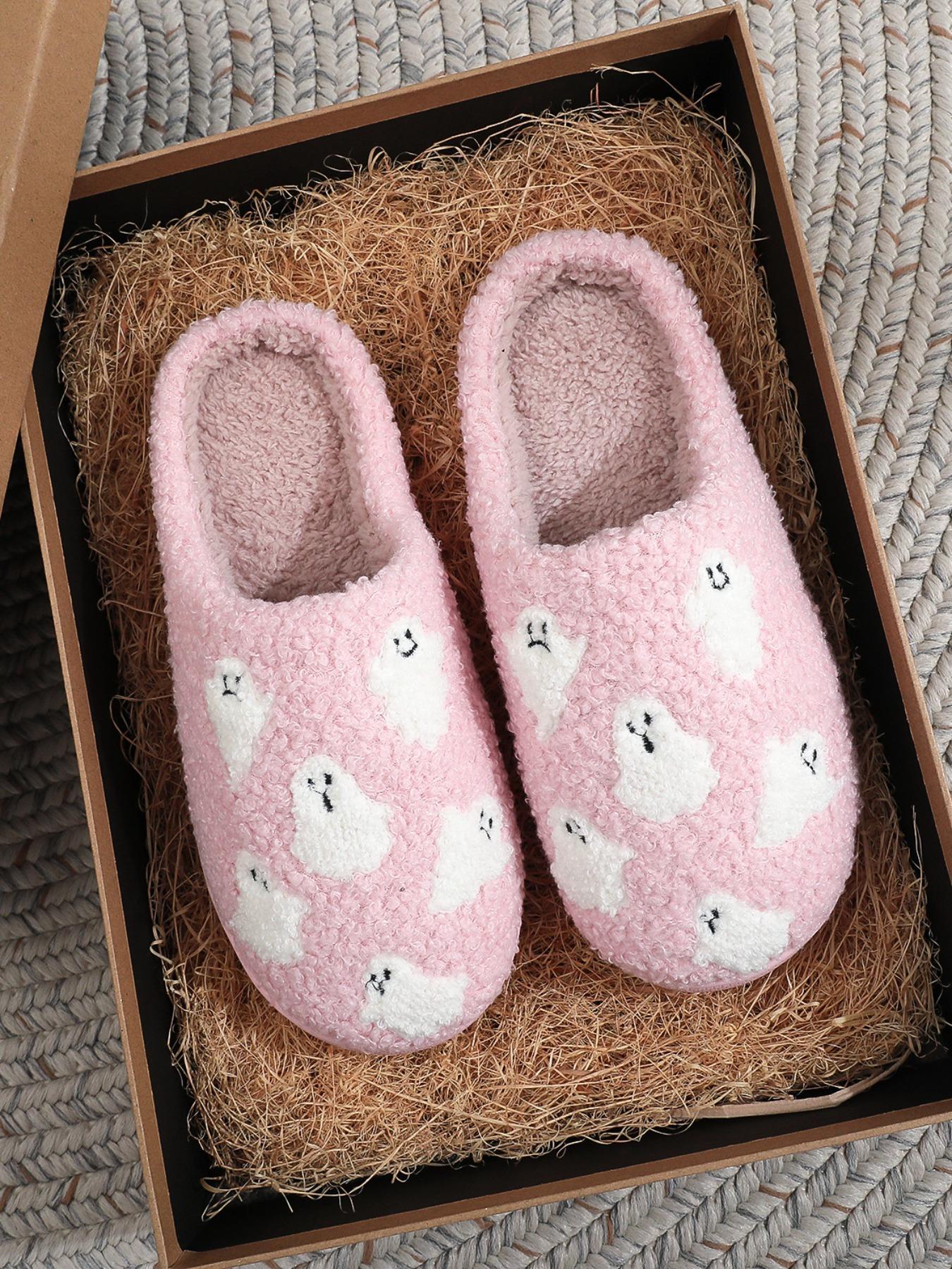 Women's Cute Cartoon Ghost Pattern Plush Slippers, Casual Soft Comfortable Fluffy Home Slippers, Warm Fuzzy House Slippers for Indoor & Outdoor Use for All Seasons