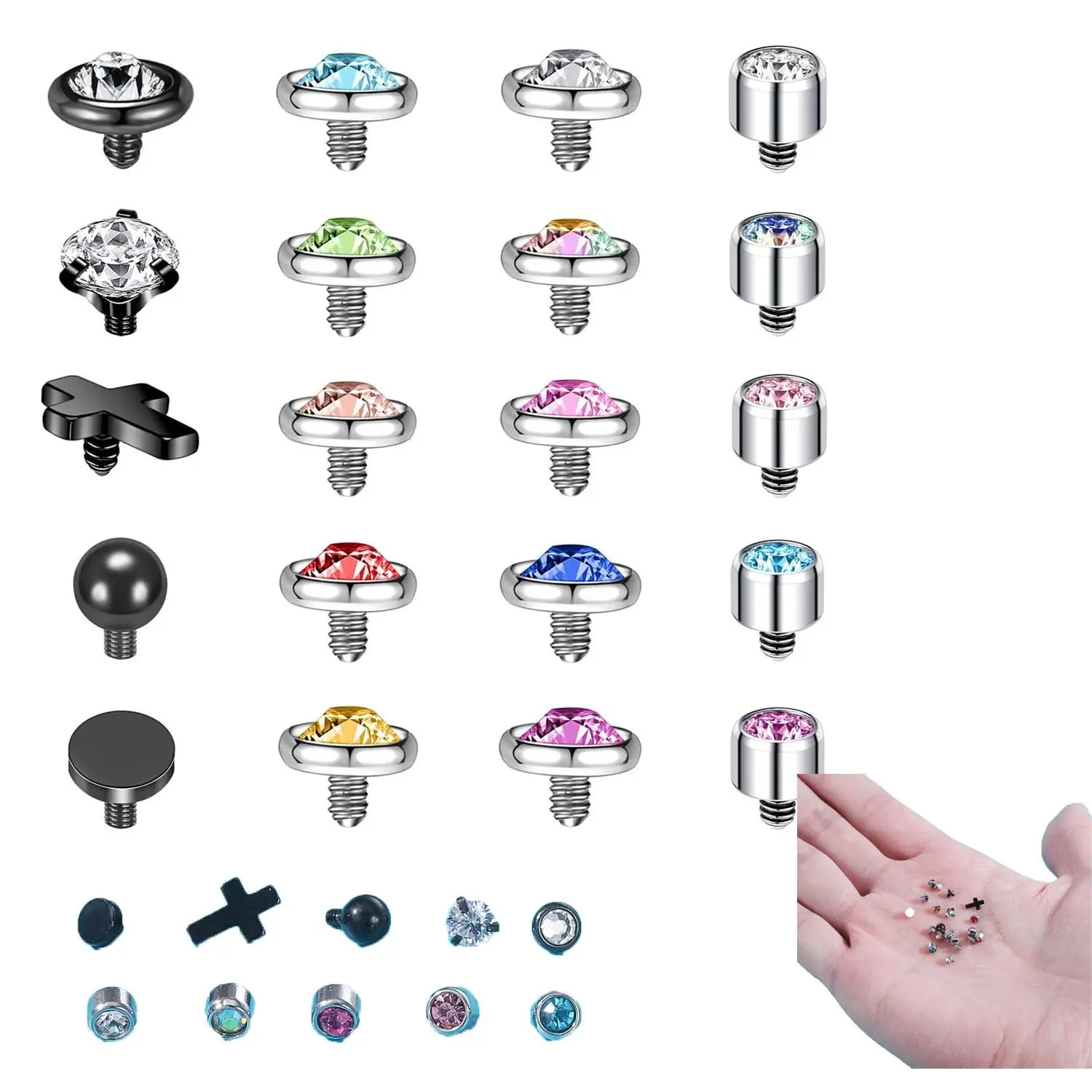 16G Microdermal Piercing Tops, Black Gold Diamond Inlaid Surgical Steel Surface Piercing Jewelry, Hypoallergenic Internally Threaded Dermal Tops, Fashion Mixed Style Body Piercing Accessories for Men Women