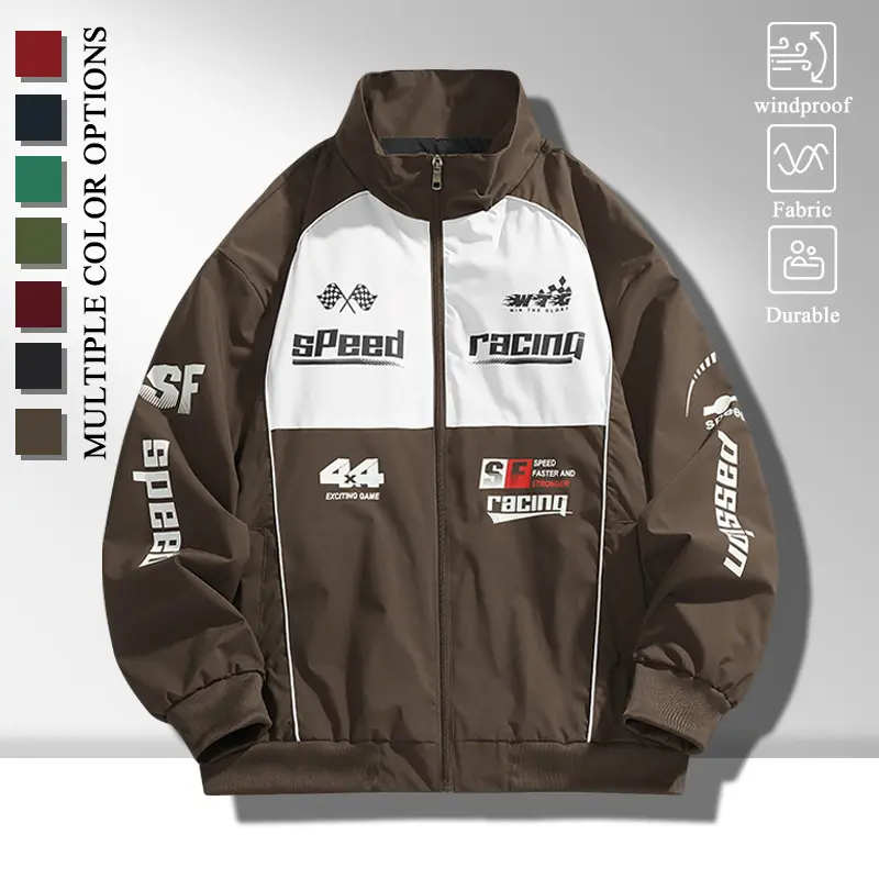 Wind Resistant Lightweight Men Stand Collar Zip Jacket, Fashion Two-Tone Racing Graphic Outer Coat with Ribbed Elastic Cuffs & Zipper Storage Pockets, Comfort Loose Windproof Outerwear for All Seasons Commute Camping Jogging