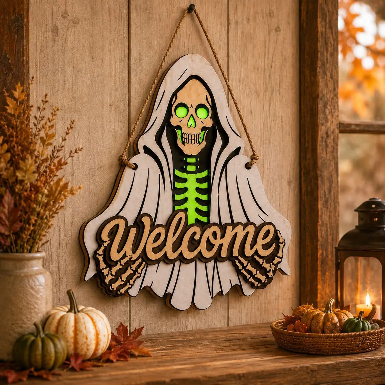 Glow in The Dark Halloween Wooden Welcome Sign, 4-Layer Hanging Door Sign with Skeleton Ghost Design, Waterproof Front Door Porch Wall Decor for Halloween Home Party Halloween decorations for 2026