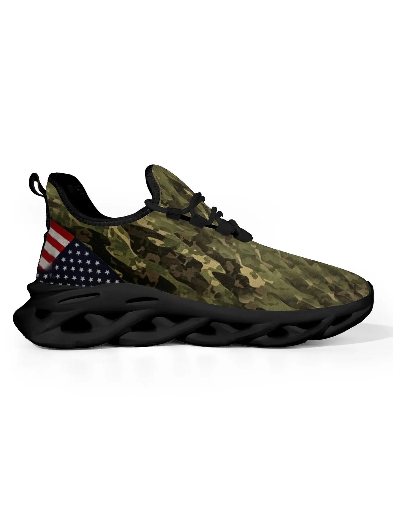 Military Green Camo USA Flag Pattern Running Shoes, Patriotic Tactical Camouflage Print Graphic Print Sneakers, Breathable Mesh Lightweight Non-Slip Casual Athletic Shoes for Men Outdoor