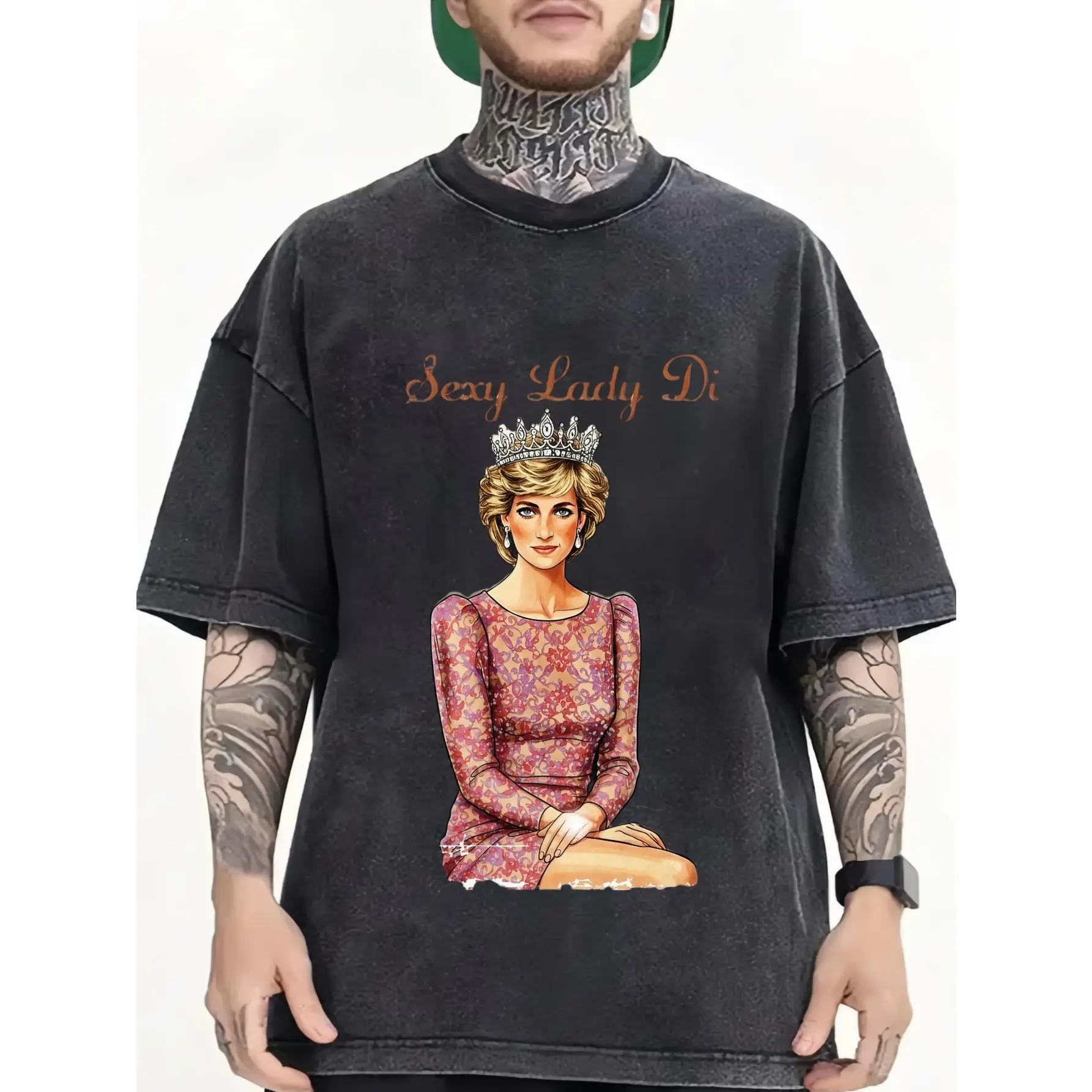 Washed Vintage Shirts Humor Graphic Tee Men's Summer T Shirts Sexy Lady Di Princess Diana Crown Floral Dress Portrait Print Short Sleeve Crew Neck Slight Stretch Regular Fit Casual Pullover Streetwear Tops Machine Wash Spring Summer Fall Mens Daily Tops