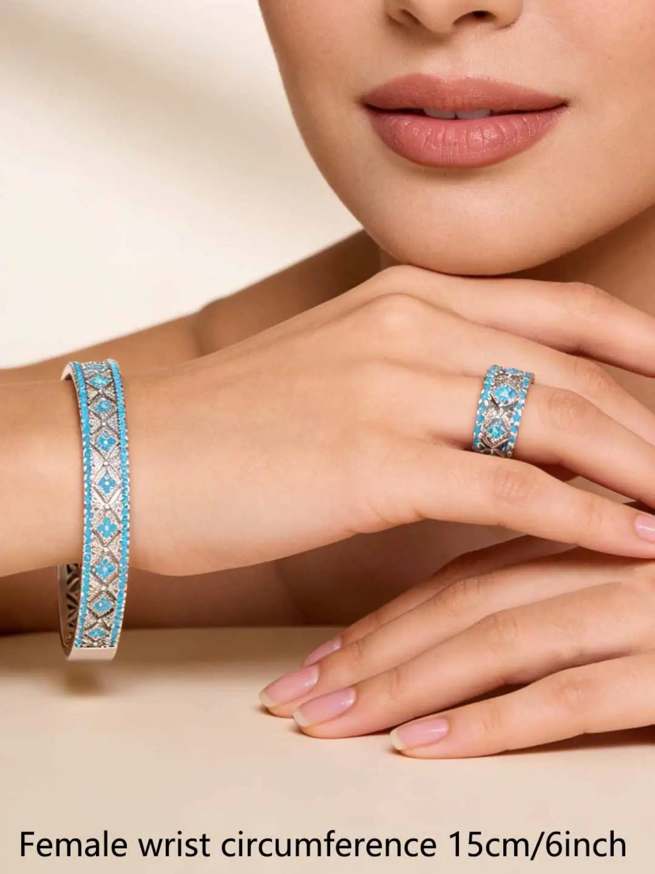 2pcs European Vintage Bangle Ring Set, Full Inlaid Turquoise Rhinestone, Twist-Tie Design, Flip Clasp, Alloy Material, Outdoors Occasion