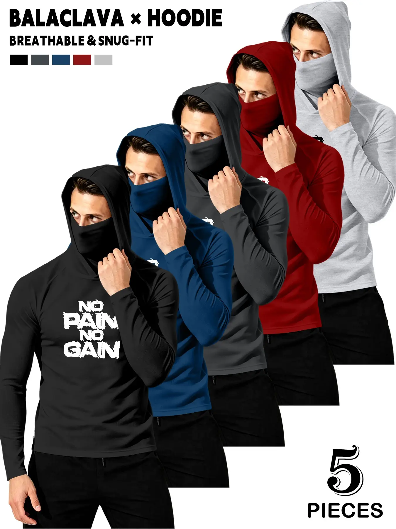 5-Pack Men's Balaclava Hat Long Sleeve T-Shirt, No Pain No Gain Gym Mask Sportswear, Multi-Color Daily Training Top, All Seasons