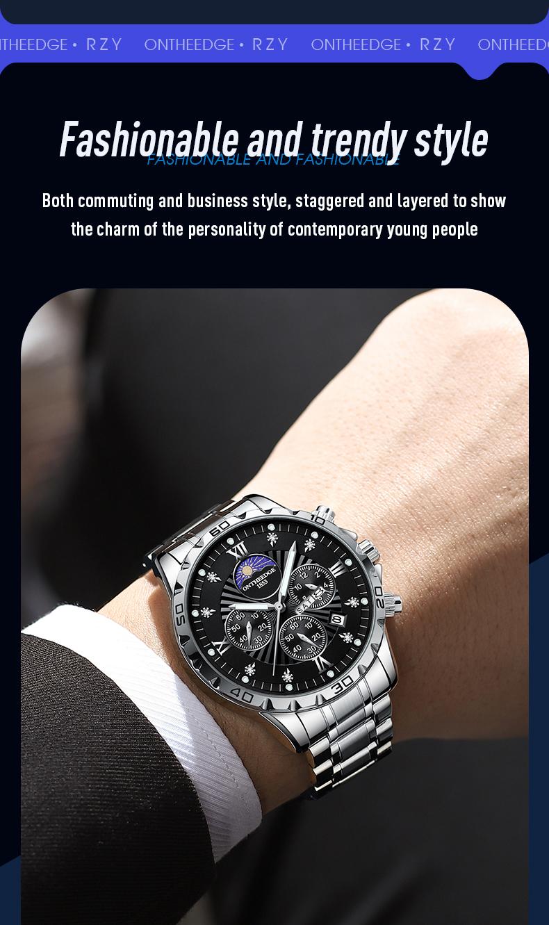 Men's Luxury Moon Phase Quartz Watch - Stainless Steel Wristwatch with Date, Chronograph Subdials, Diamond Markers, Luminous Hands, Classic Business Dress Watch for Men, Perfect Gift for Husband Dad