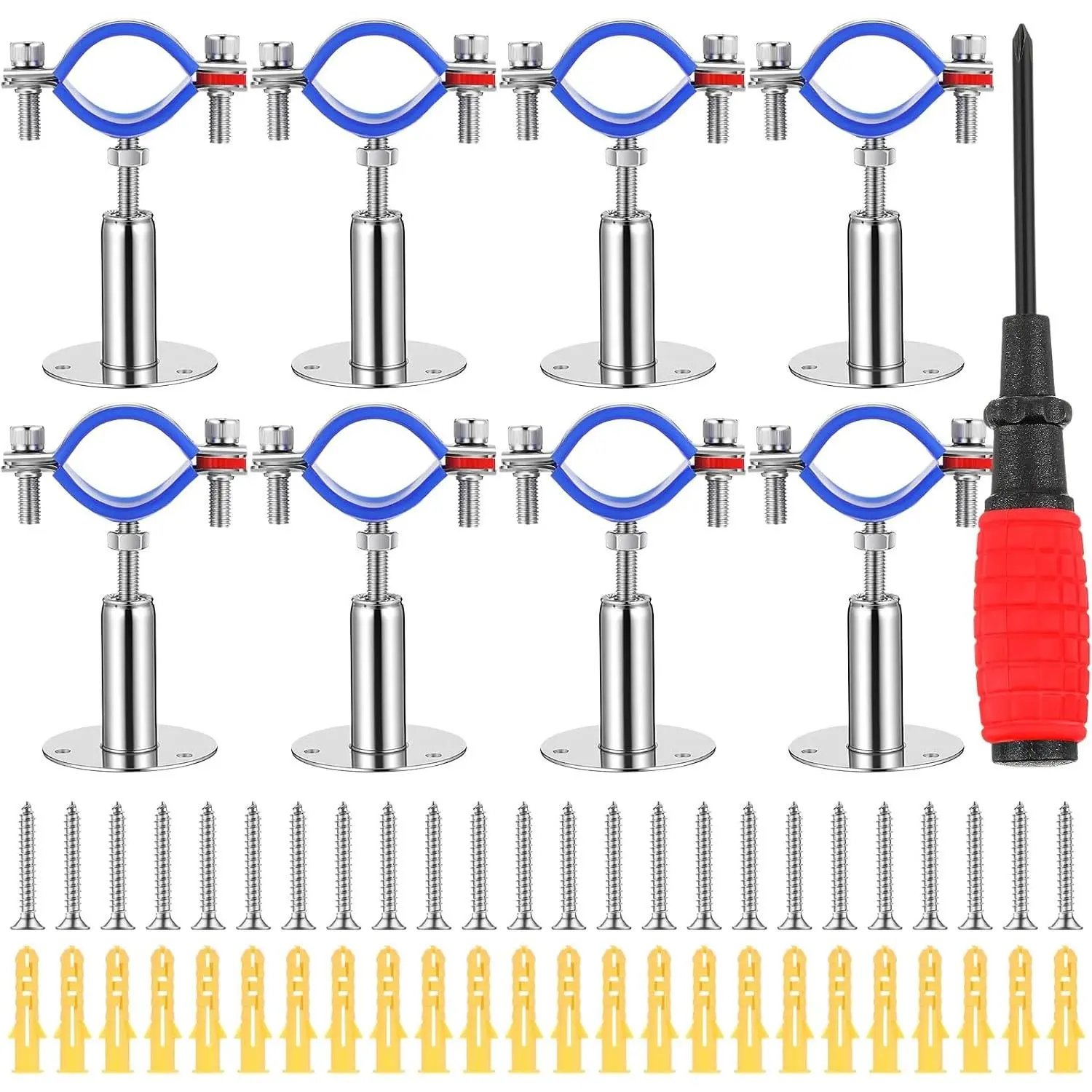 8 Pcs 304 Stainless Steel Wall Mount Ceiling Mount Pipe Supports Bracket, Suitable for OD 1/2"(20-22mm), Adjustable Height 50-100mm, Pipe Strap Clamp with Screws Screwdriver