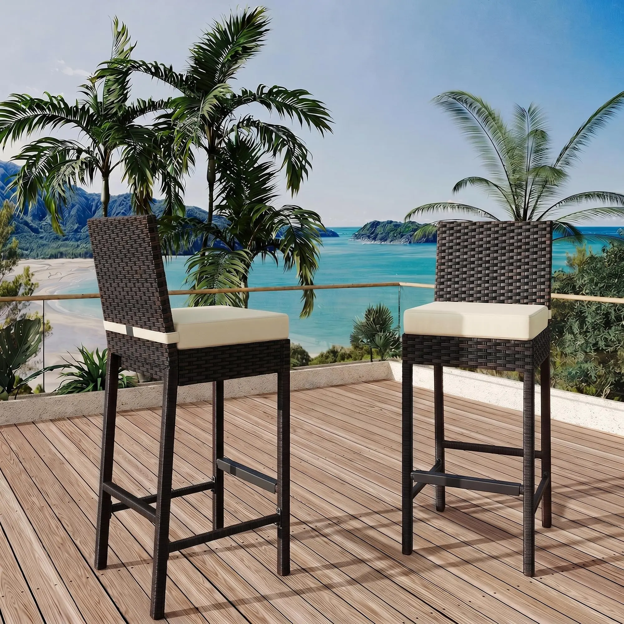 Set of 2 Wicker Bar Stools with Cushion – Rattan Patio Counter Height Chairs with Metal Frame for Kitchen Island, Backyard, Poolside, Indoor Outdoor Bar Seating