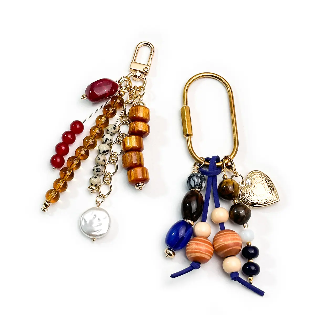 Boho Wooden Beaded Keychain Natural Gemstone Tiger Eye Charm Heart Locket Pearl Pendant Brass Carabiner Pack Aesthetic Vintage Purse Bag Charms Gift for Women