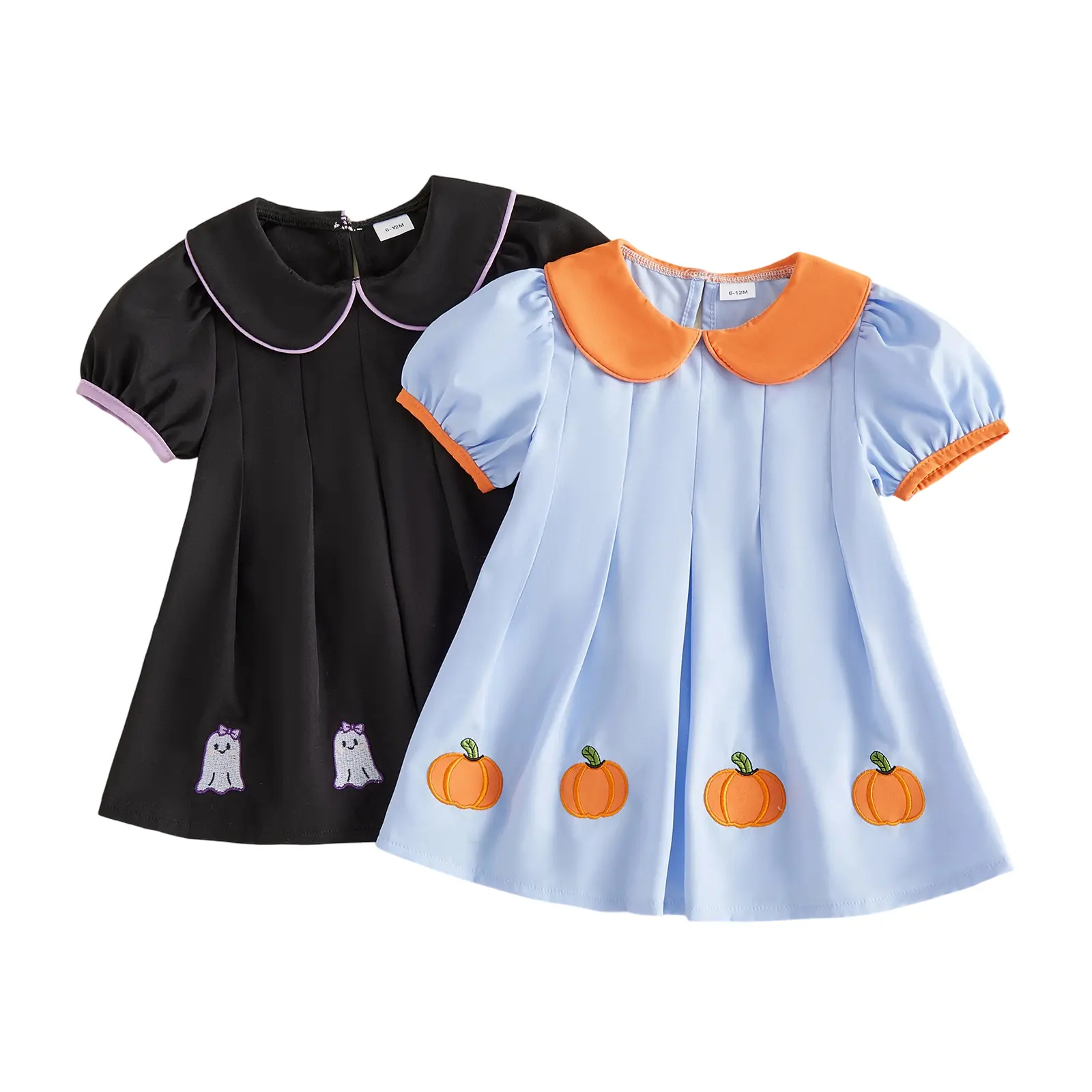 Toddler Baby Little Girls Halloween A-Line Dress Ghost/Pumpkin Embroidery Doll Collar Puff Sleeve Dress Summer Clothes 1-5 Years