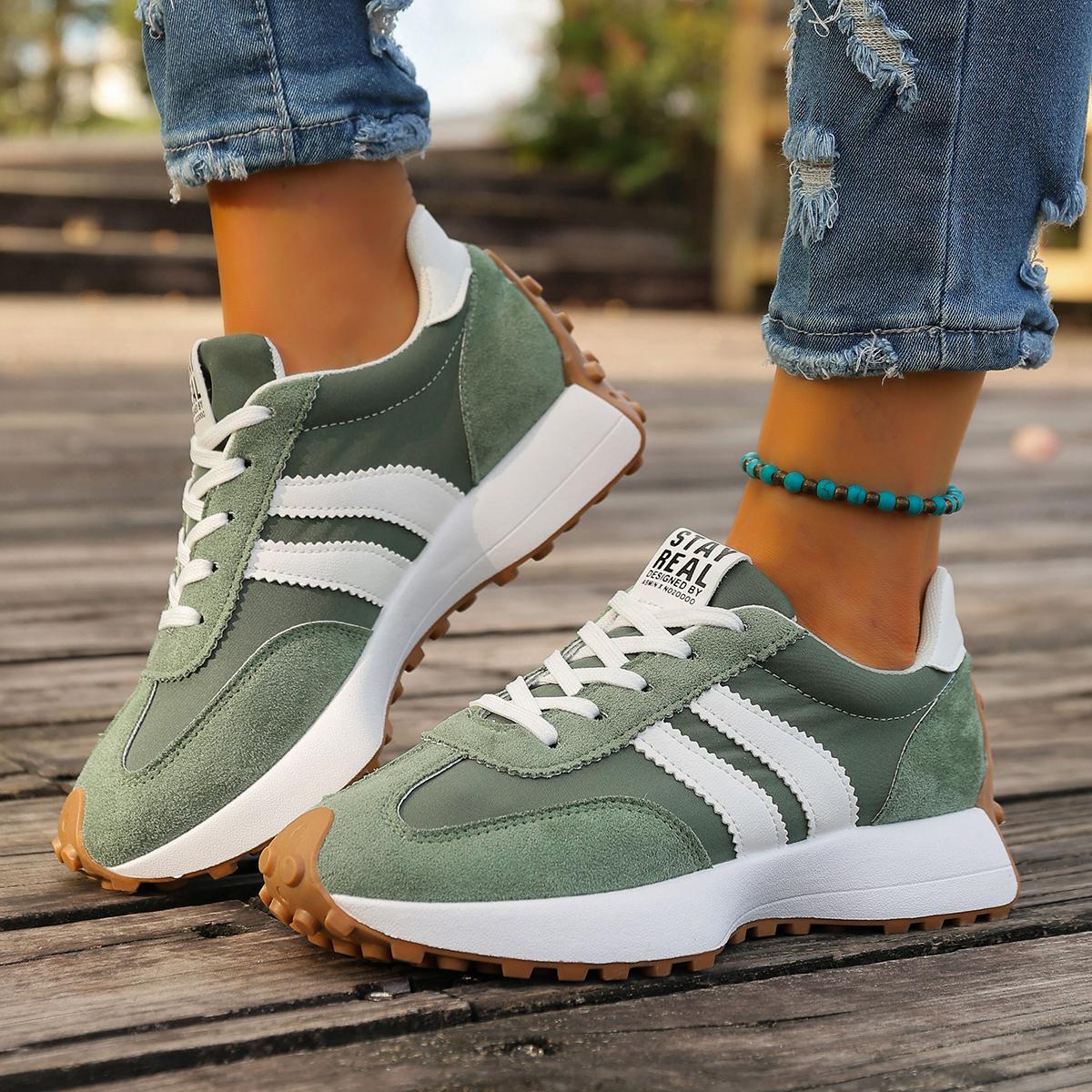 Women's Retro 70s Inspired Chunky Platform Sneakers, Suede & Nylon Upper, Striped Detail, Casual Dad Shoes for American Fashion Lovers