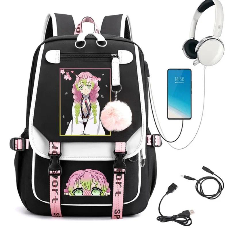Demon Slayer Kanroji Mitsuri Backpacks Teenarges Schoolbag Anime USB Charge Laptop Travel Outdoor Bag Color Blocking Mochila
