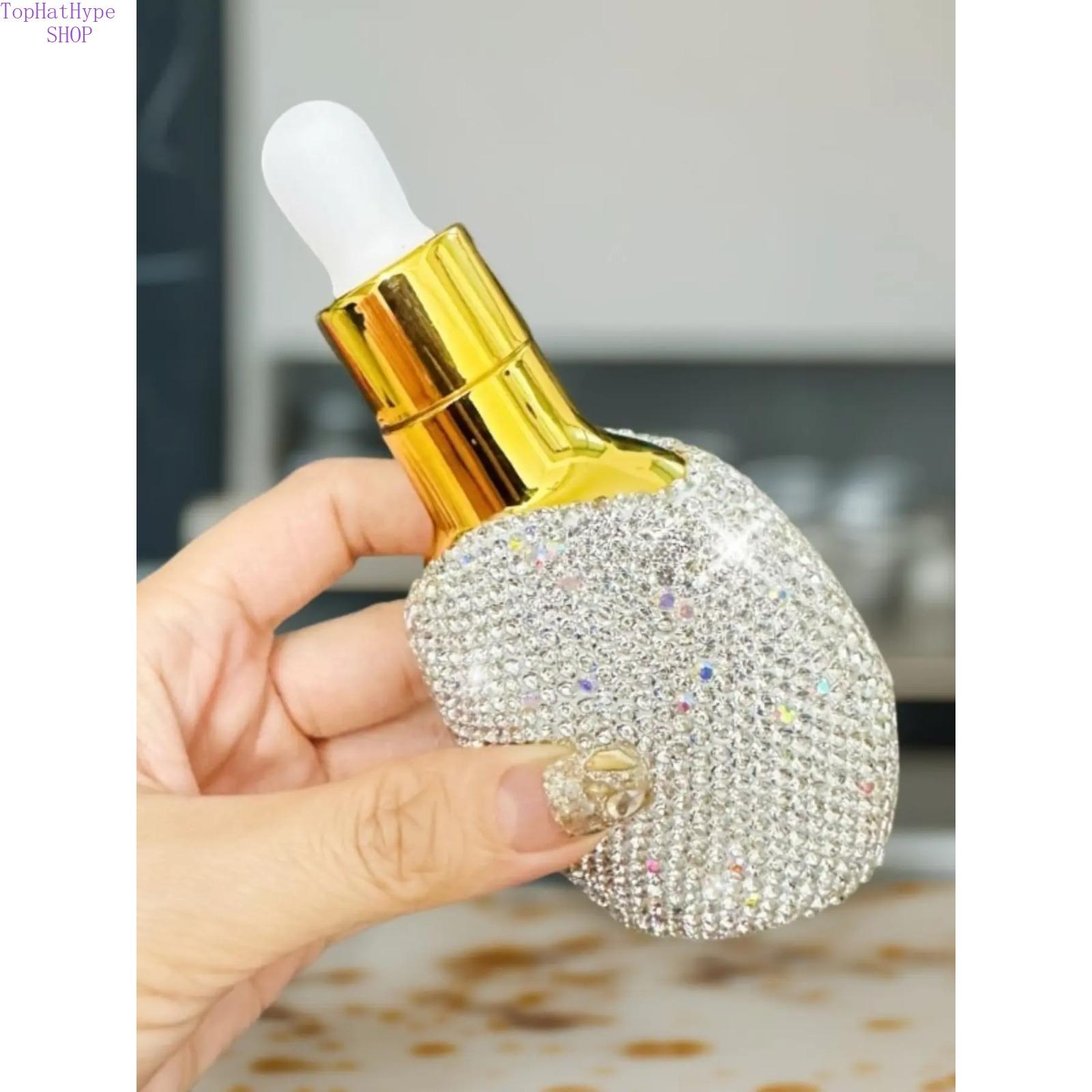 30ml Bling Rhinestone Flat Essential Oil Bottle, Luxury Thick-Glass Dropper Bottle with Rubber Bulb, Refillable Empty Container for Serum Lotion, Portable Leak-Proof Skincare Accessory for Travel Daily Use & Gifting
