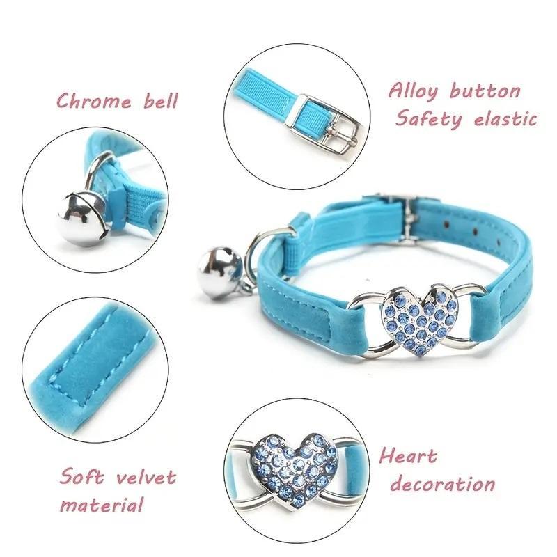 Adjustable Cat Collar with Bell, 2 Counts/set Cute Rhinestone Decor Heart Shaped Decoration Cat Collar, Pet Supplies for Indoor Outdoor Use