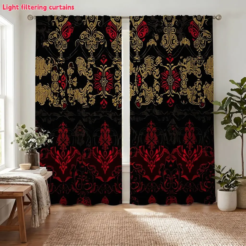 2Pcs Vintage Baroque Floral Damask Curtains, Gold Red Black Pattern, Digital Printing, Light Filtering for Living Room Bedroom Home Decor