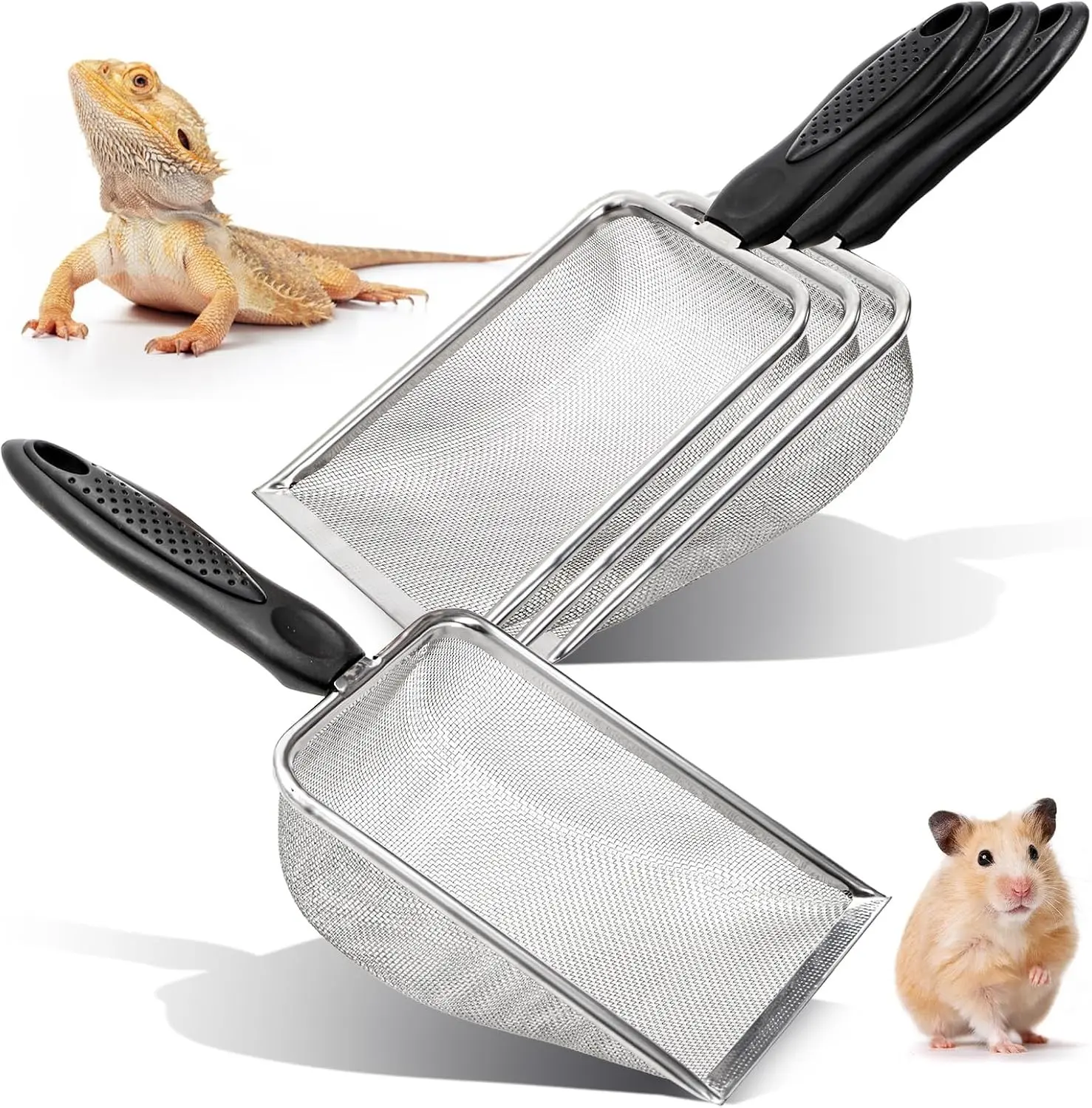 4 Pcs Stainless Steel Small Mesh Scooper, Hamster Fine Sand Bath Scooper, Reptile Rabbit Litter Sand Waste Scoop, Beach Mesh Shovel for Shell Collecting, Shark Tooth Sifter, 1mm Hole