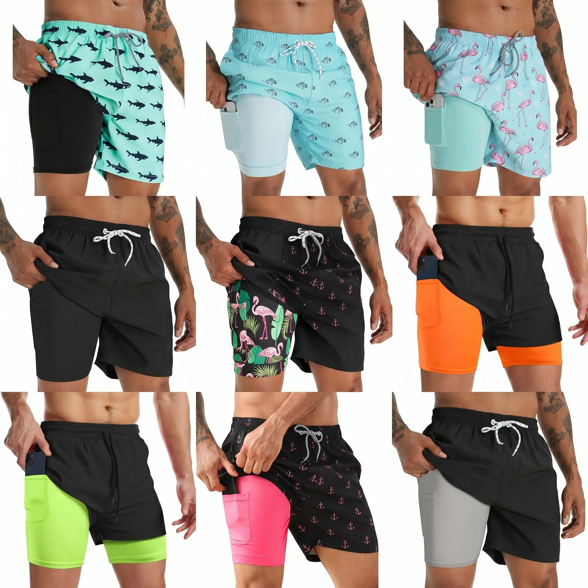 Men's Professional Double Layer Compression Liner Beach Shorts - Male, 2XL, 3XL, 3D Fish Print, Water-Resistant, Quick-Dry, Drawstring Waist, Phone Pocket for Swimming, Gym Workout