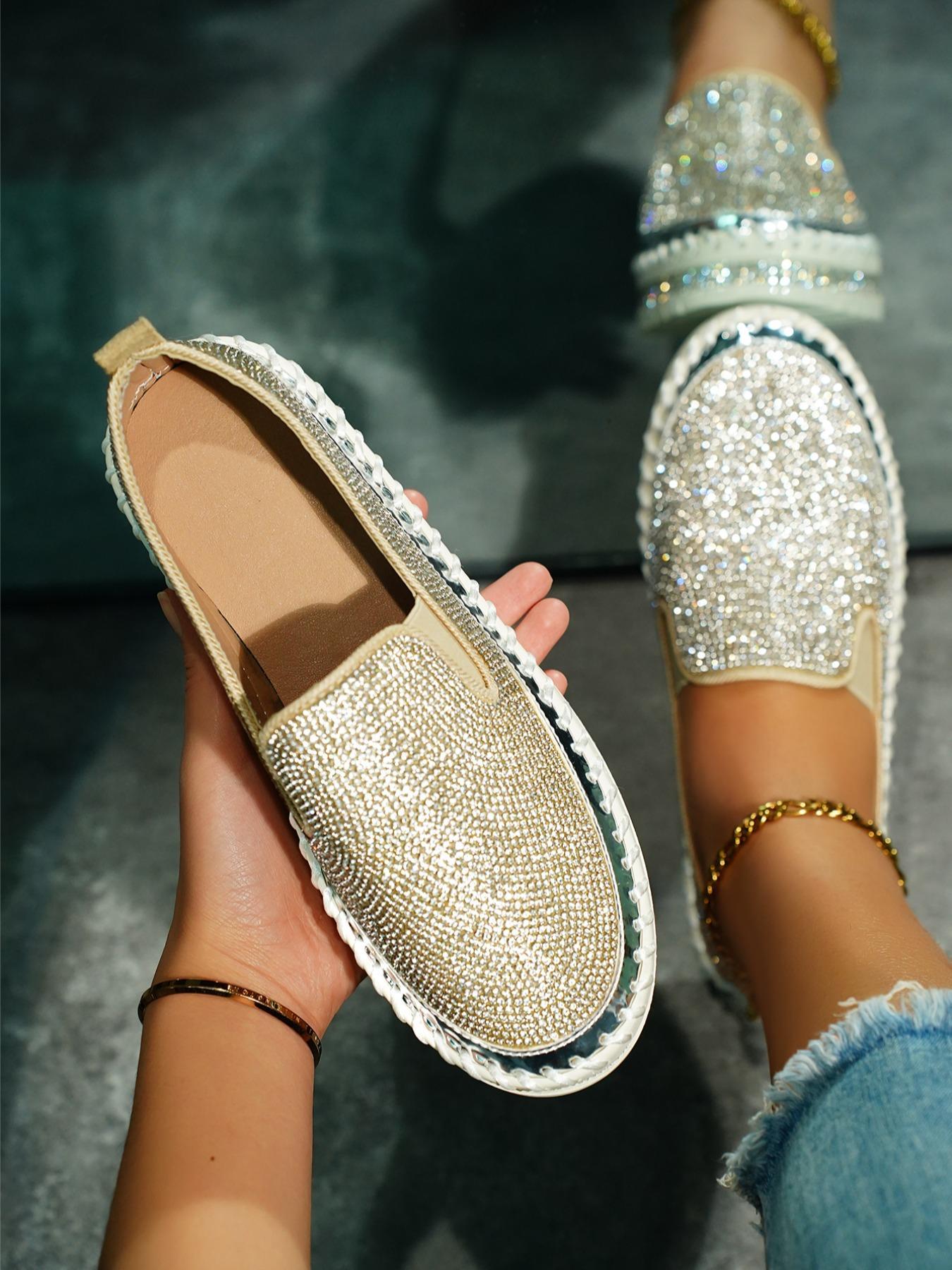 Women's Fashionable Rhinestone Decorated Slip on Flats,  Women Shoes, Lightweight Breathable Comfortable Flat Shoes, Casual Versatile Shoes for Daily Wear, Walking Shoes for Girl Footwear, Flat Shoes for Women