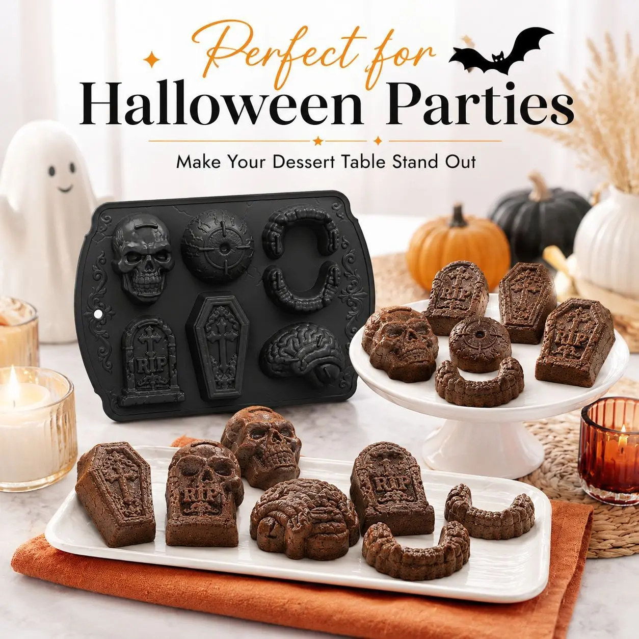 Halloween Series Cake Mold 6-Compartment Skull Mold, Gothic Style Baking Tool, Perfect for Halloween Desserts, Unique Bakery Equipment