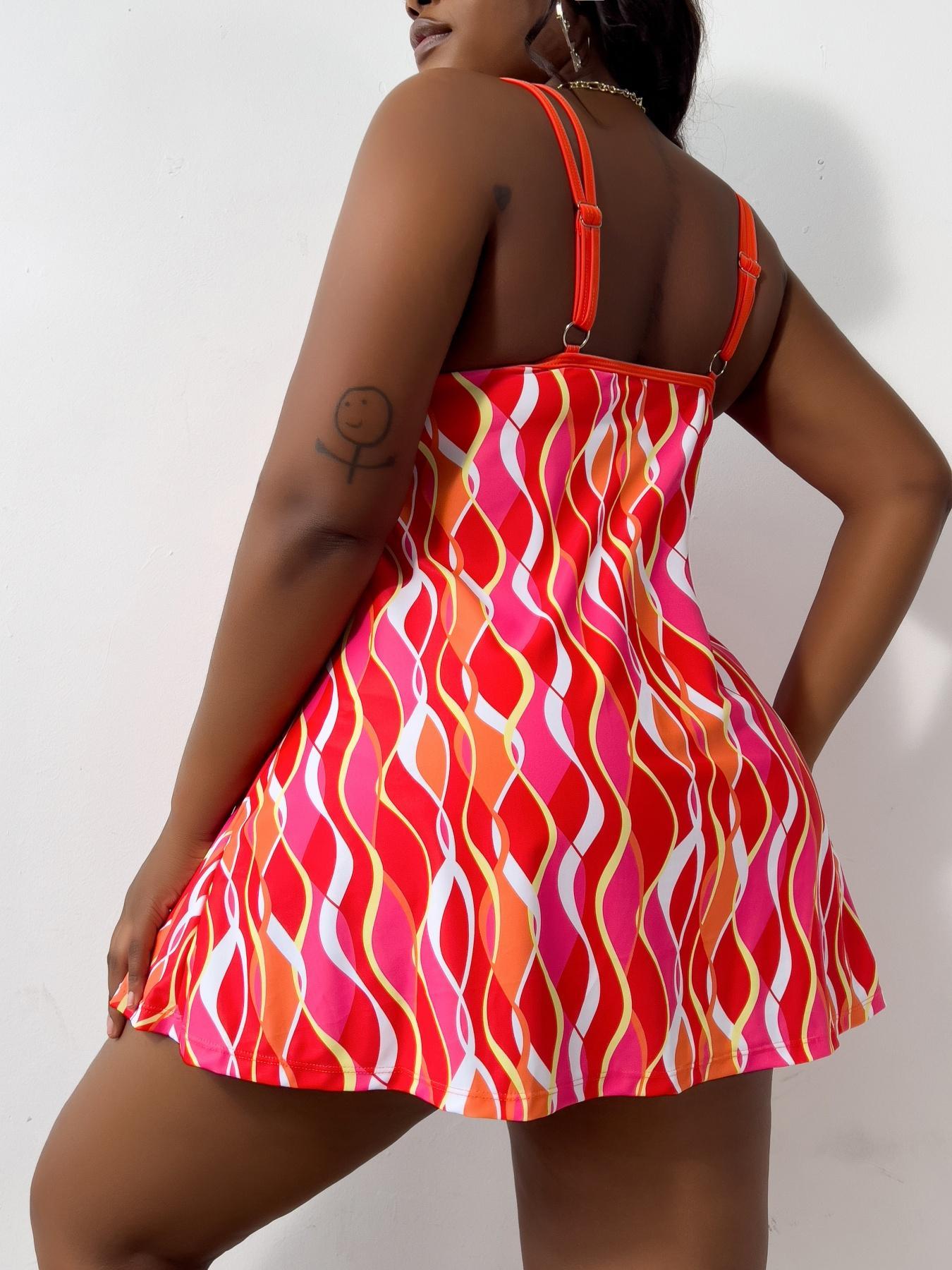 Plus Size Colorful Wave Striped Print Tankinis Set, Adjustable Strap Backless Scoop Neck Swim Top & Swim Shorts, Fashion Casual Ladies Swimsuit for Summer