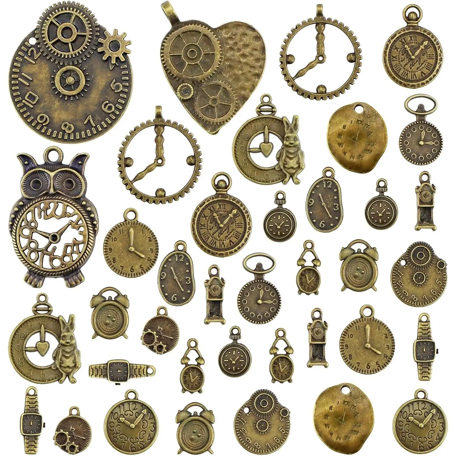 Antiqued Bronze Clock Face Steampunk Pendants - Wholesale Bulk Mixed Gears, 100g/38PCS 100g/set of charms for Jewelry Making, Necklace Bracelet Crafting, Anniversary Gifts