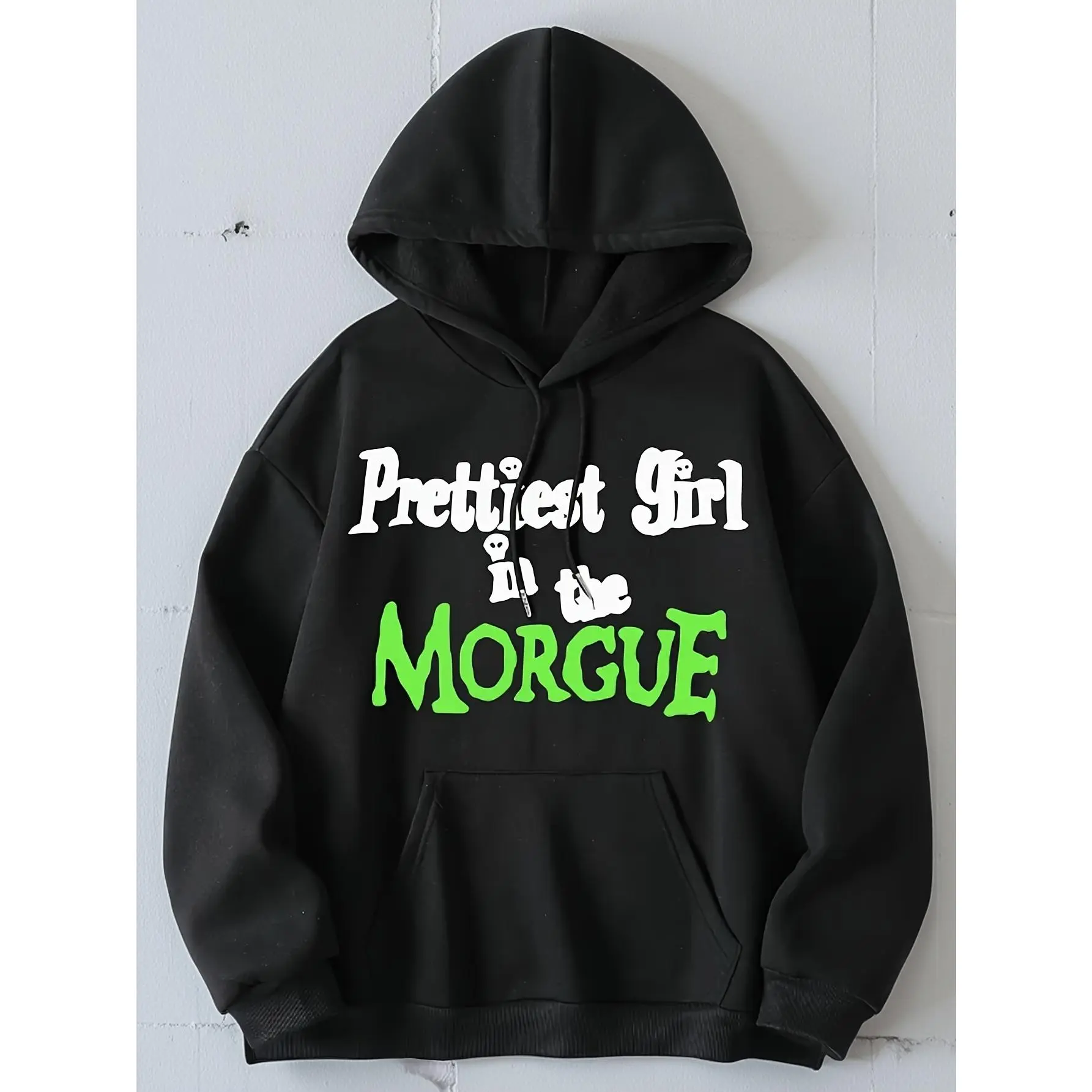 Alphabet Cartoon Pattern Print Kangaroo Pocket Hoodie, Casual Long Sleeve Drawstring Hooded Sweatshirt, Women's Clothing