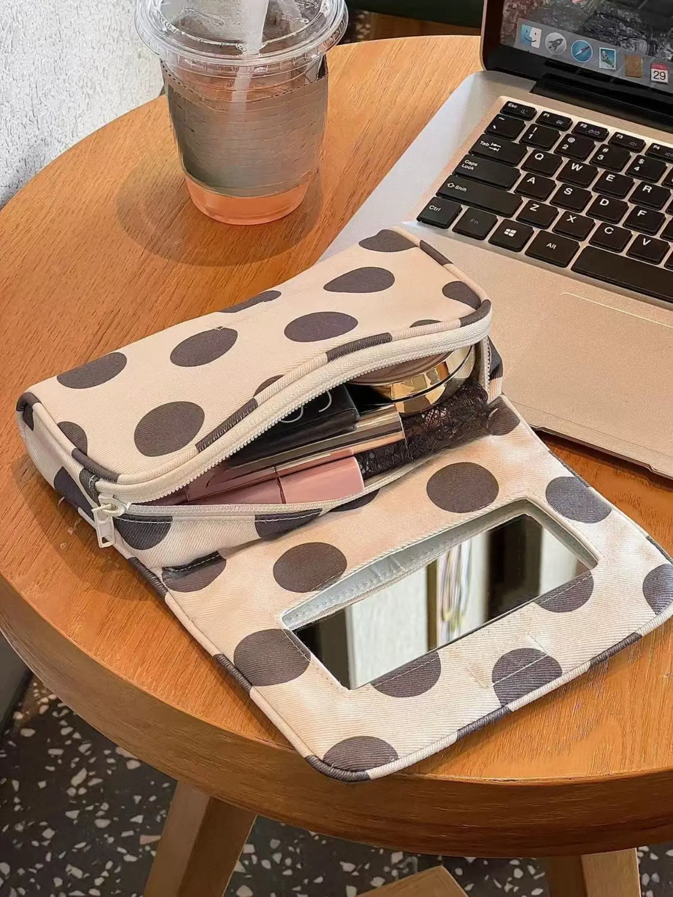 Polka Dot Makeup Bag with Hand Mirror, Portable Zipper Cosmetic Pouch for Lipsticks and Daily Makeup Essentials