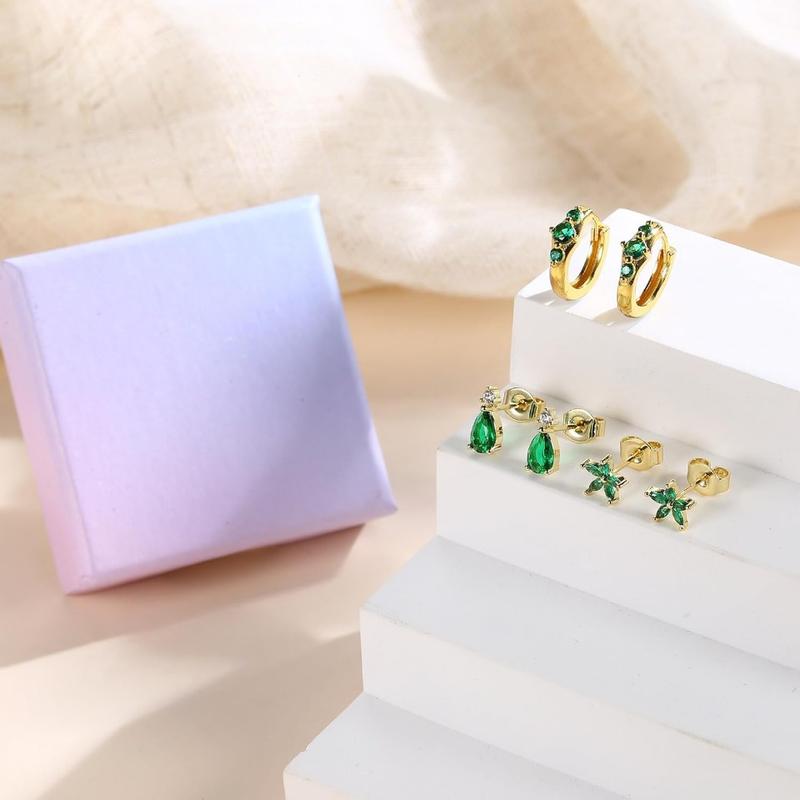 FIBO STEEL 3 Pairs Stainless Steel Stud Earrings Set for Women 14K Golden Plated Hoops Earrings Dainty Studs Huggies Earings Fashion Piercings Jewelry