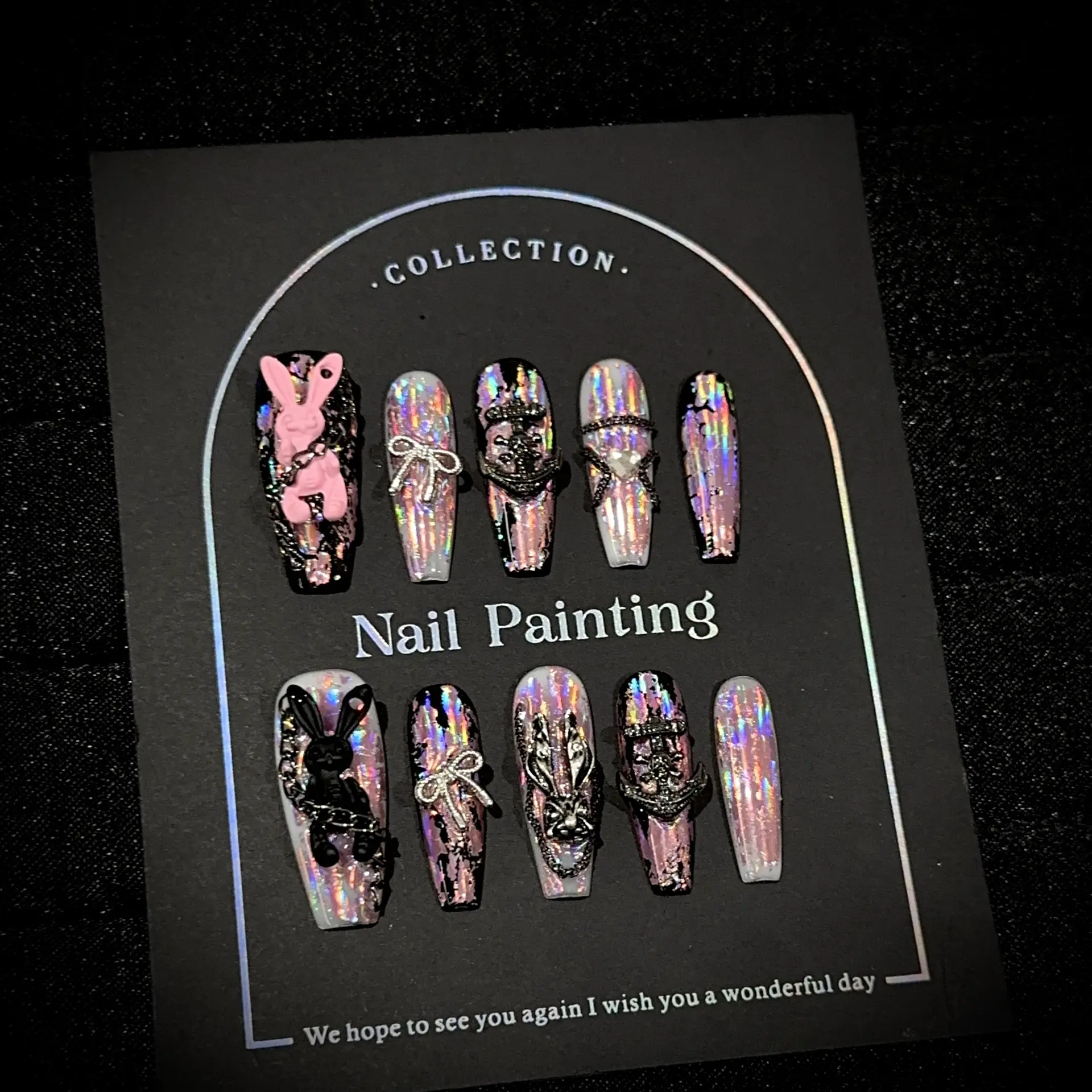 Atelier Handmade Holographic Pink Iridescent Glitter Crackle 3D Pink Black Bunny Silver Bow Chain Heart Rhinestone Medium Coffin Press On Nails Dark Y2K Goth Coquette Egirl Street Concert Halloween Party Glossy Reusable Edgy Kawaii False Pressons