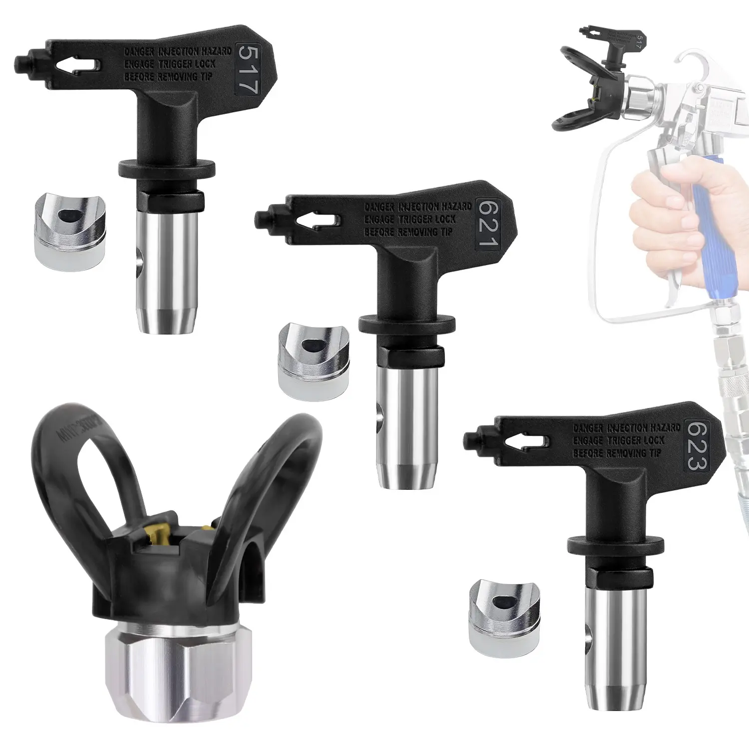 Airless Spray Nozzles Kit for Paint Sprayers, 4pcs Set for Residential Use, Includes 109, 209, 315, 517, 621, 623 Nozzle Seats