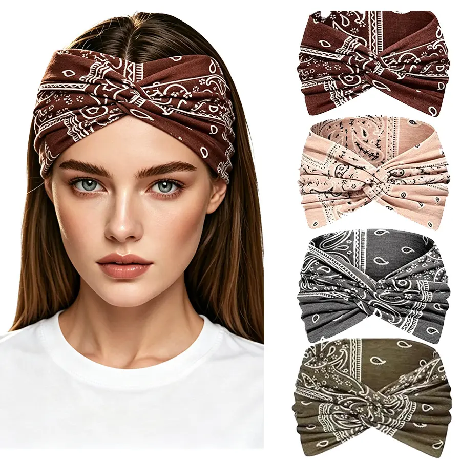 Retro Hiphop Paisley Print Wide-Edge Headband, Korean INS Style Absorbent Hair Band for High Skull Top, Daily Wear & Sports Yoga Use