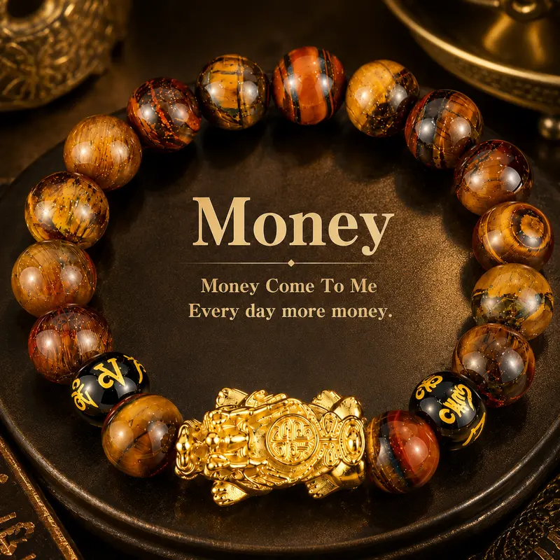 Arpurraina 10mm Beaded Feng Shui Pixiu Tiger Eye Charm Bracelet - Unisex 20cm Crystal Healing Accessory, Wealth Attraction, Protection, Boho Chic, Jewelry for Women, Men's Jewelry, Daily Use, All Seasons Gift Option