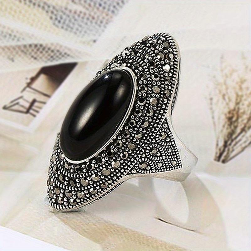 925 Sterling Silver Vintage Retro Cocktail Statement Ring Black Agate / Onyx / Obsidian Ring with Black Cubic Zirconia Surrounded Decor, Antique Silver Big Black Stone Ring Victorian Style Jewelry for Women and Men