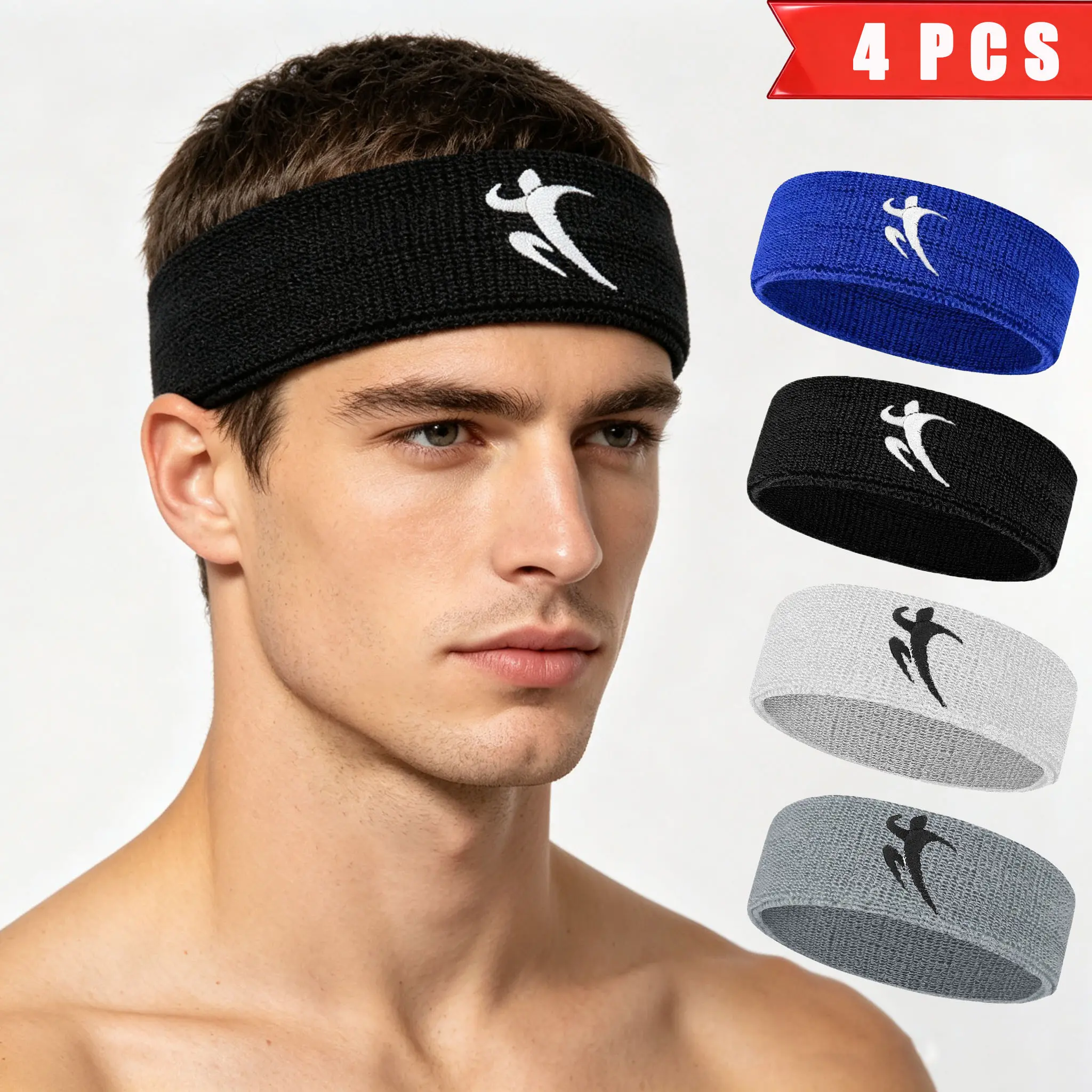 4pcs Embroidered Stick Figure Logo Sports Hair Bands Set, High Elastic Soft Comfort Sweat-Wicking, Ideal for Running Basketball Tennis Fitness